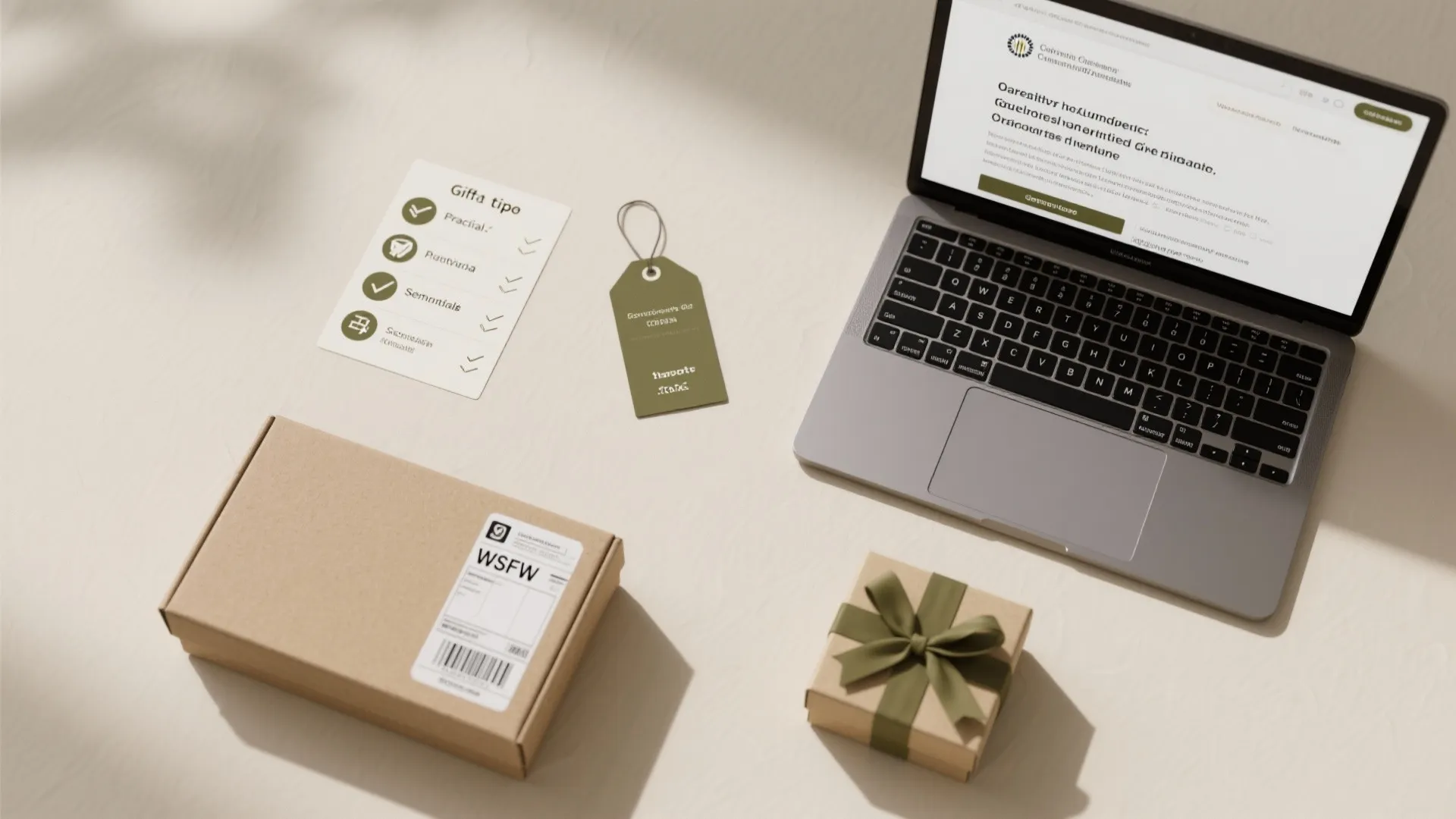 Laptop computer, cardboard shipping box, small gift box with ribbon, paper tag, and a checklist