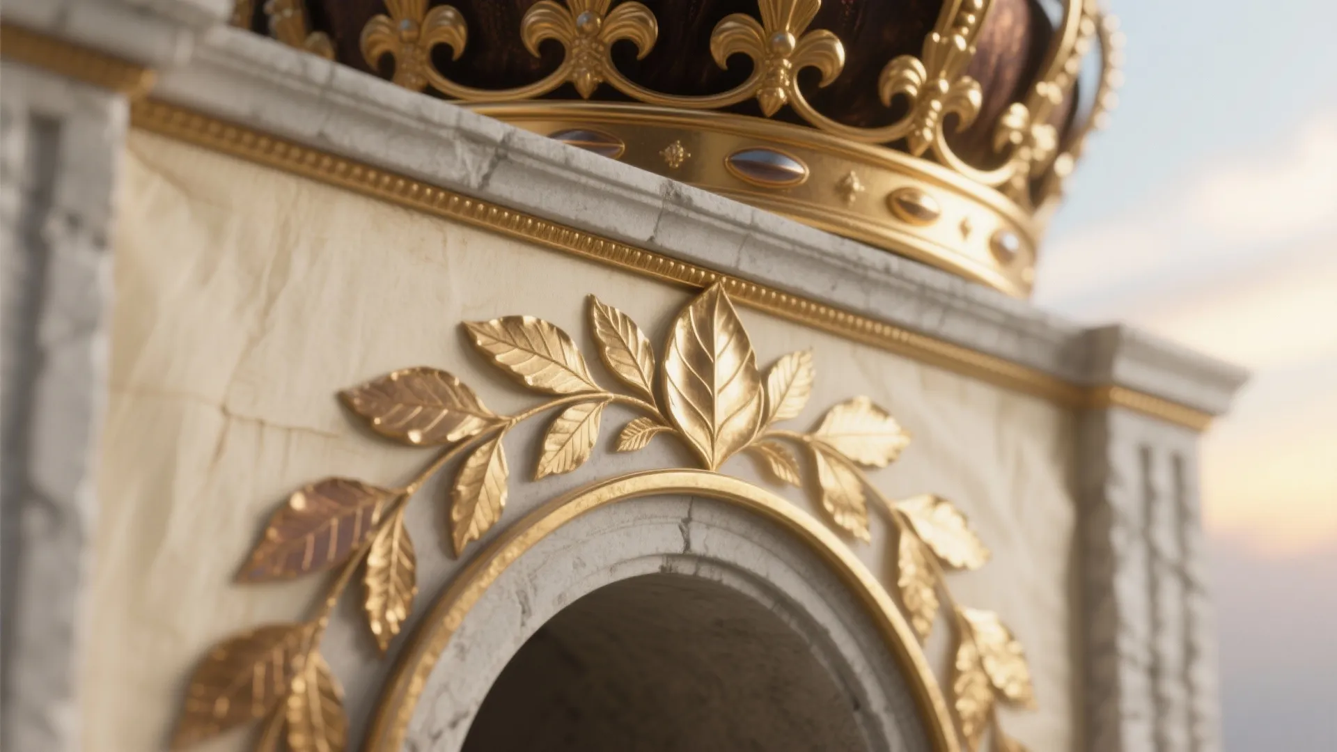 Macro of a gilded crown band and niche detail with soft sunrise glow on a neutral base.