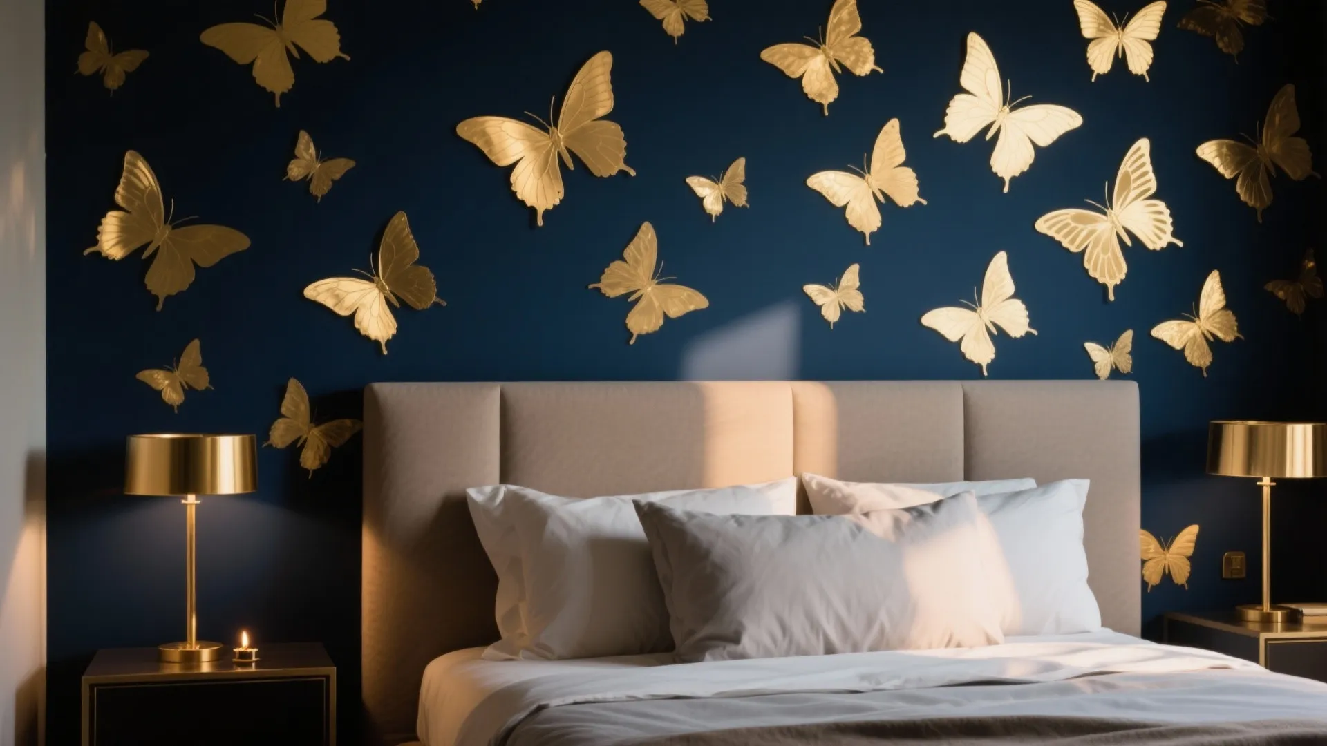 Midnight-blue accent wall with gilded butterfly silhouettes, warm ambient glow and matte bedding.