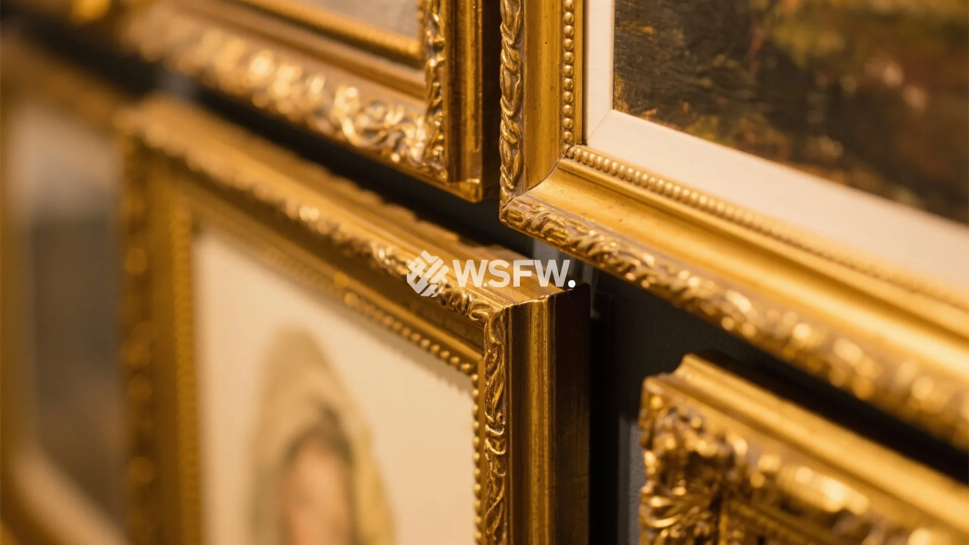 Close up view of several decorative gold picture frames with classic artwork hanging on wall