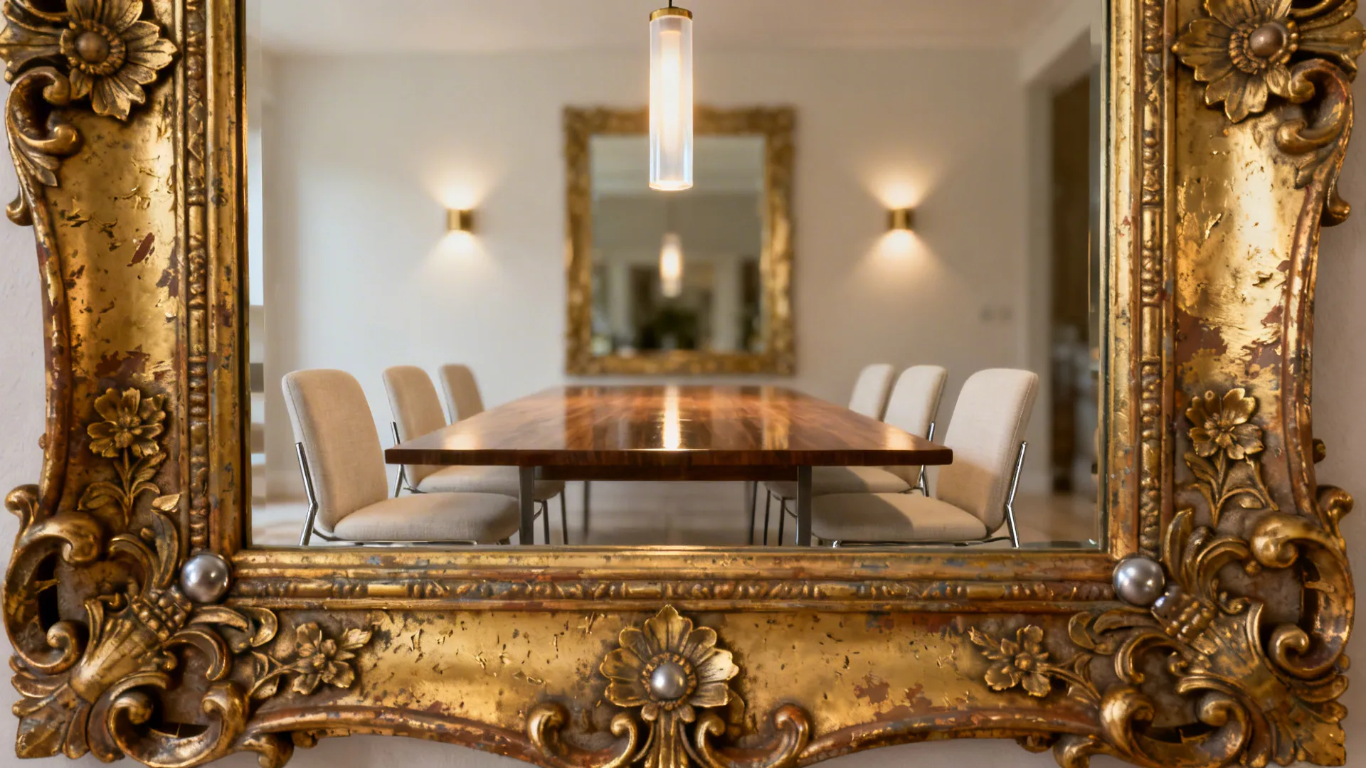 Close-up of an oversized gilded mirror frame used as an art focal point above a dining table.