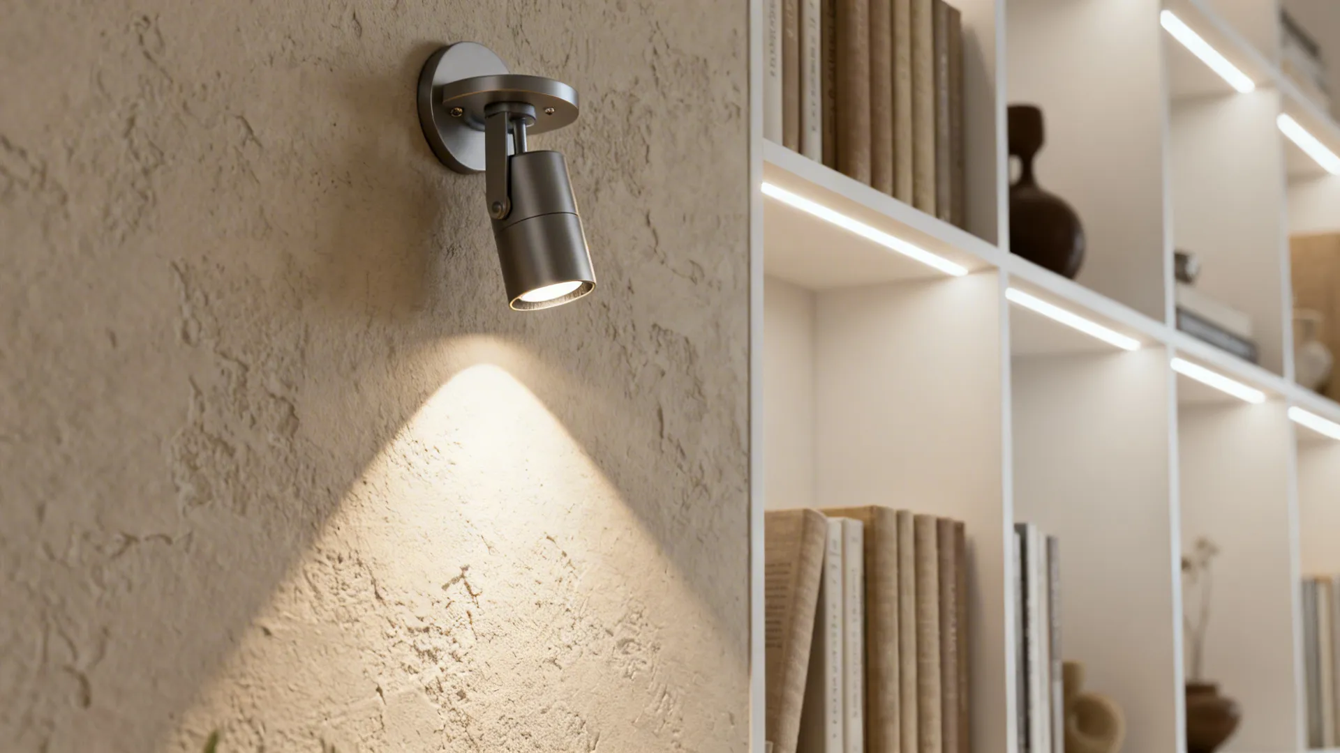Adjustable gimbal recessed light highlighting a textured bookshelf wall with a focused beam.