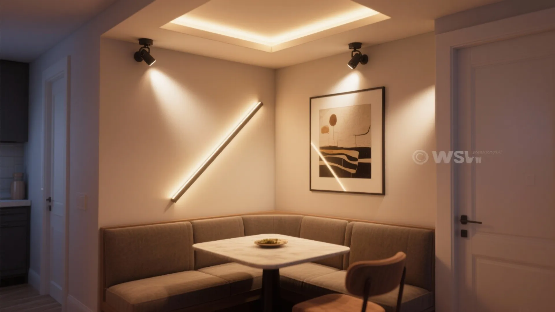 Modern dining area with corner sofa seating white table black wall lights and warm lighting
