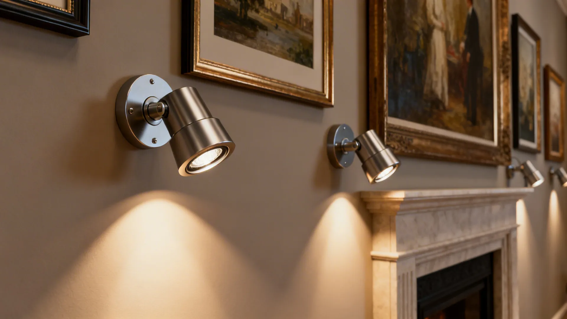 Adjustable gimbal recessed lights directing warm beams onto a gallery wall and fireplace.