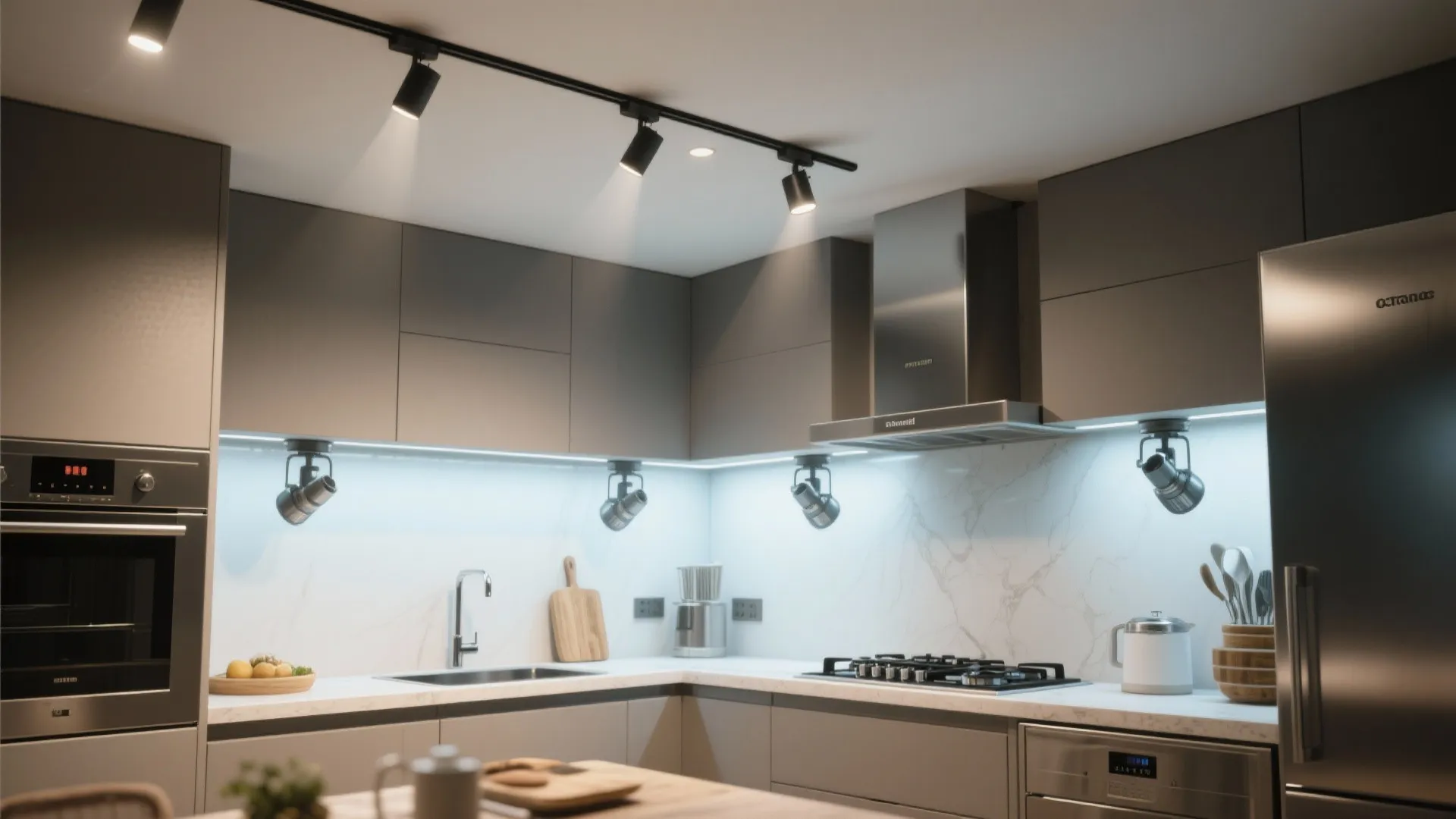Compact kitchen with adjustable gimbal recessed lights aimed at prep zones for focused task lighting.