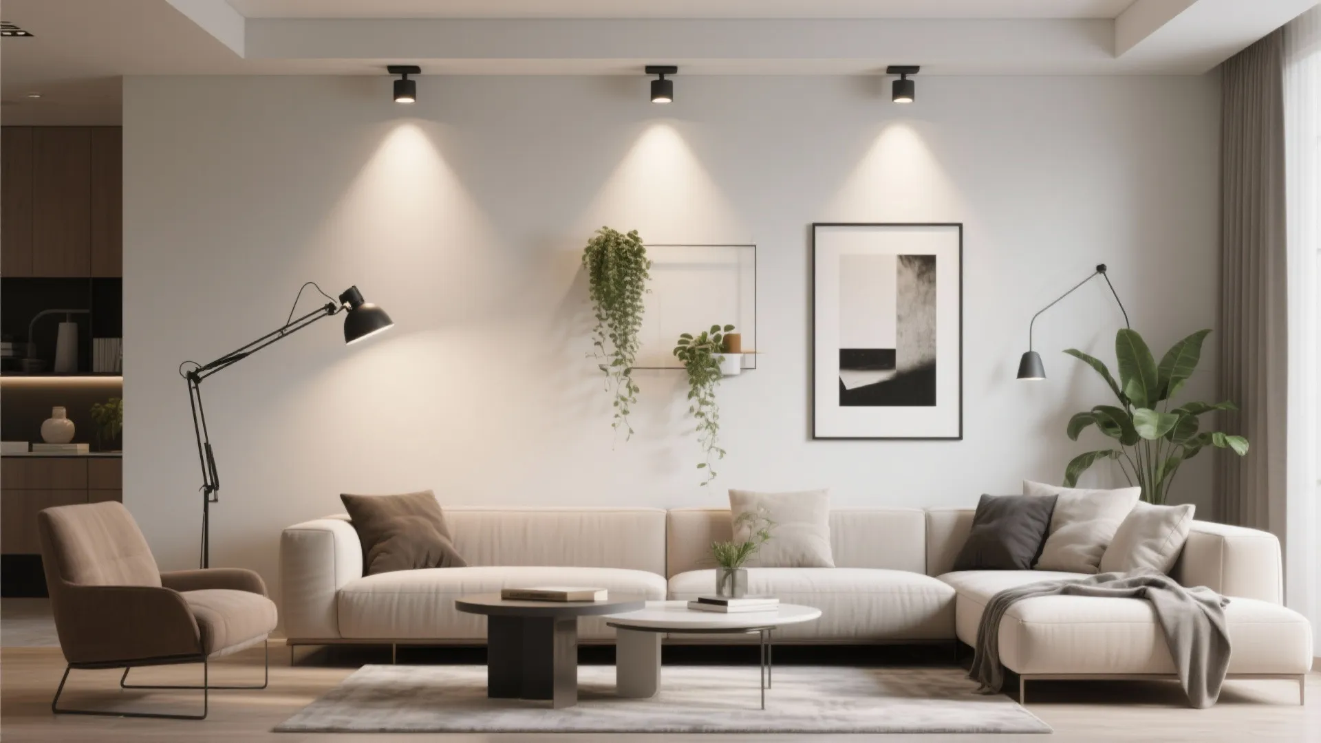 Adjustable gimbal recessed lights in living room focused on artwork