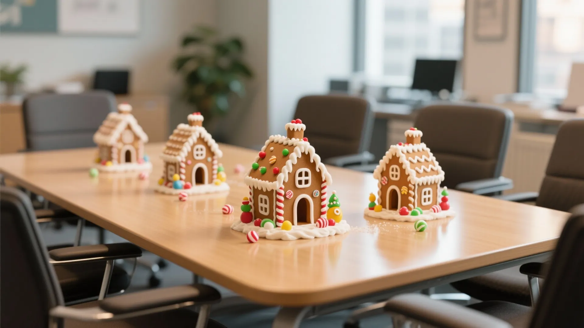Four small gingerbread houses placed in a row on a long wooden office meeting room table