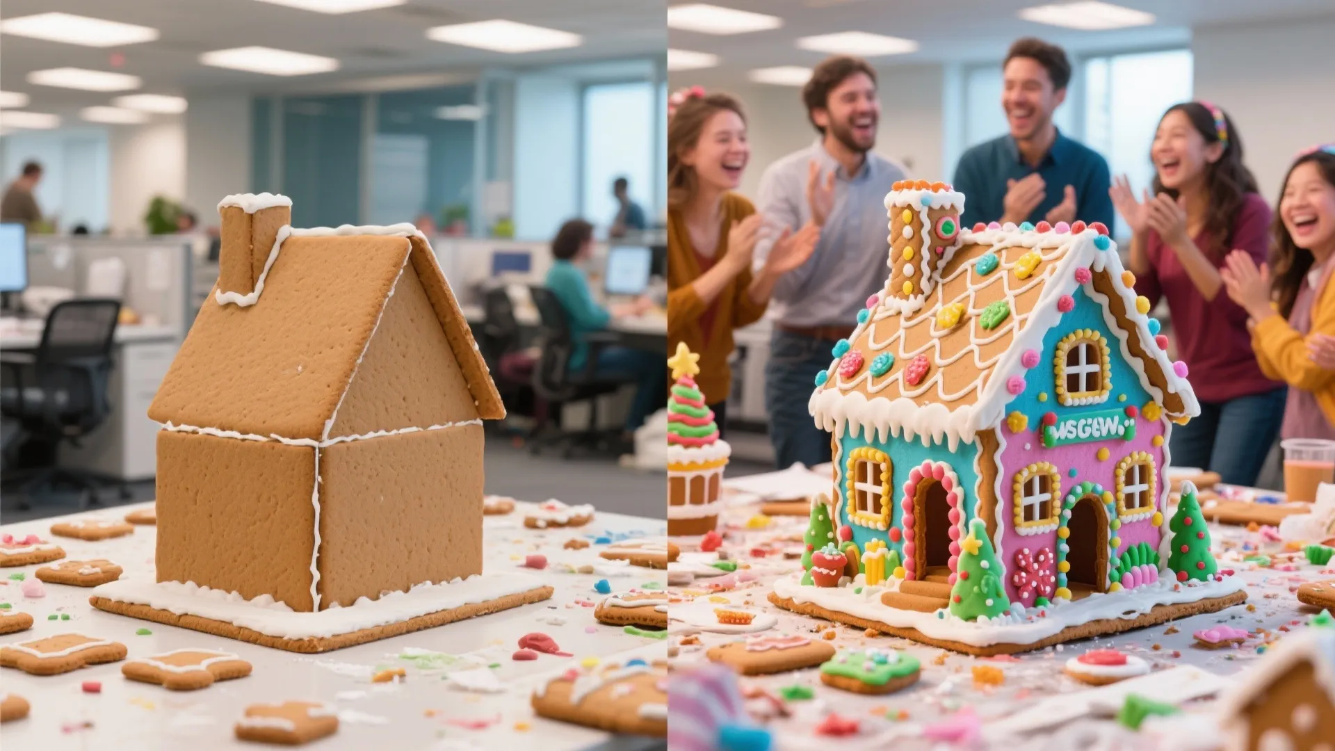 Before and after comparison of a simple gingerbread house and a colorful decorated candy house version