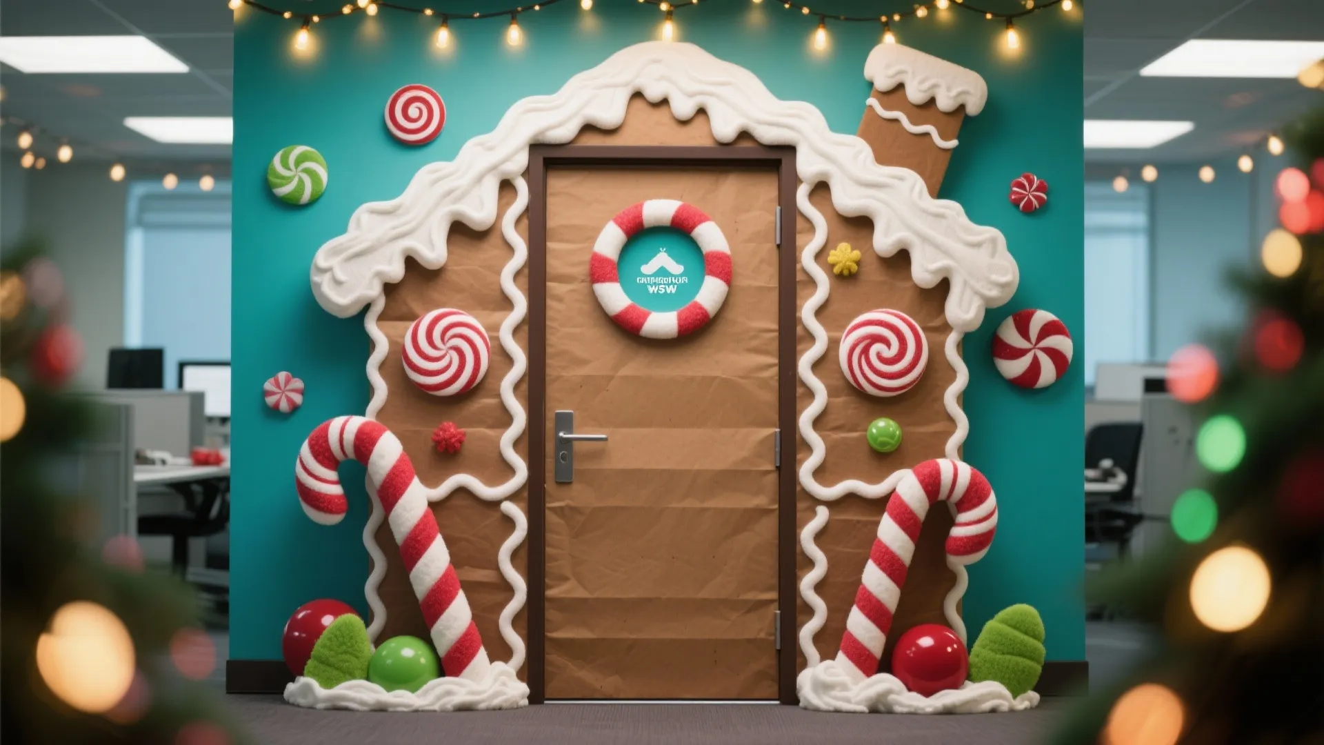 Office door decorated as a gingerbread house with candy canes peppermint swirls and fake white icing