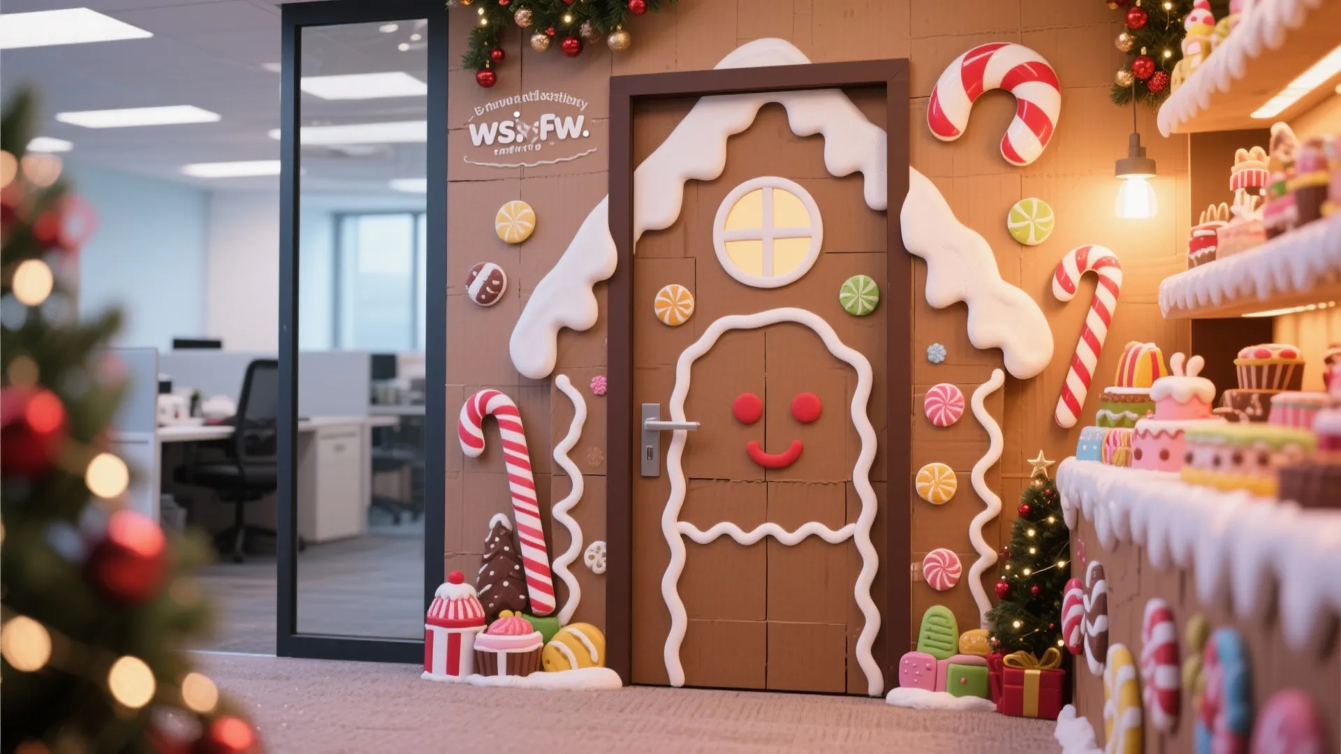 Office door decorated as a gingerbread house with candy canes cookies icing and Christmas tree