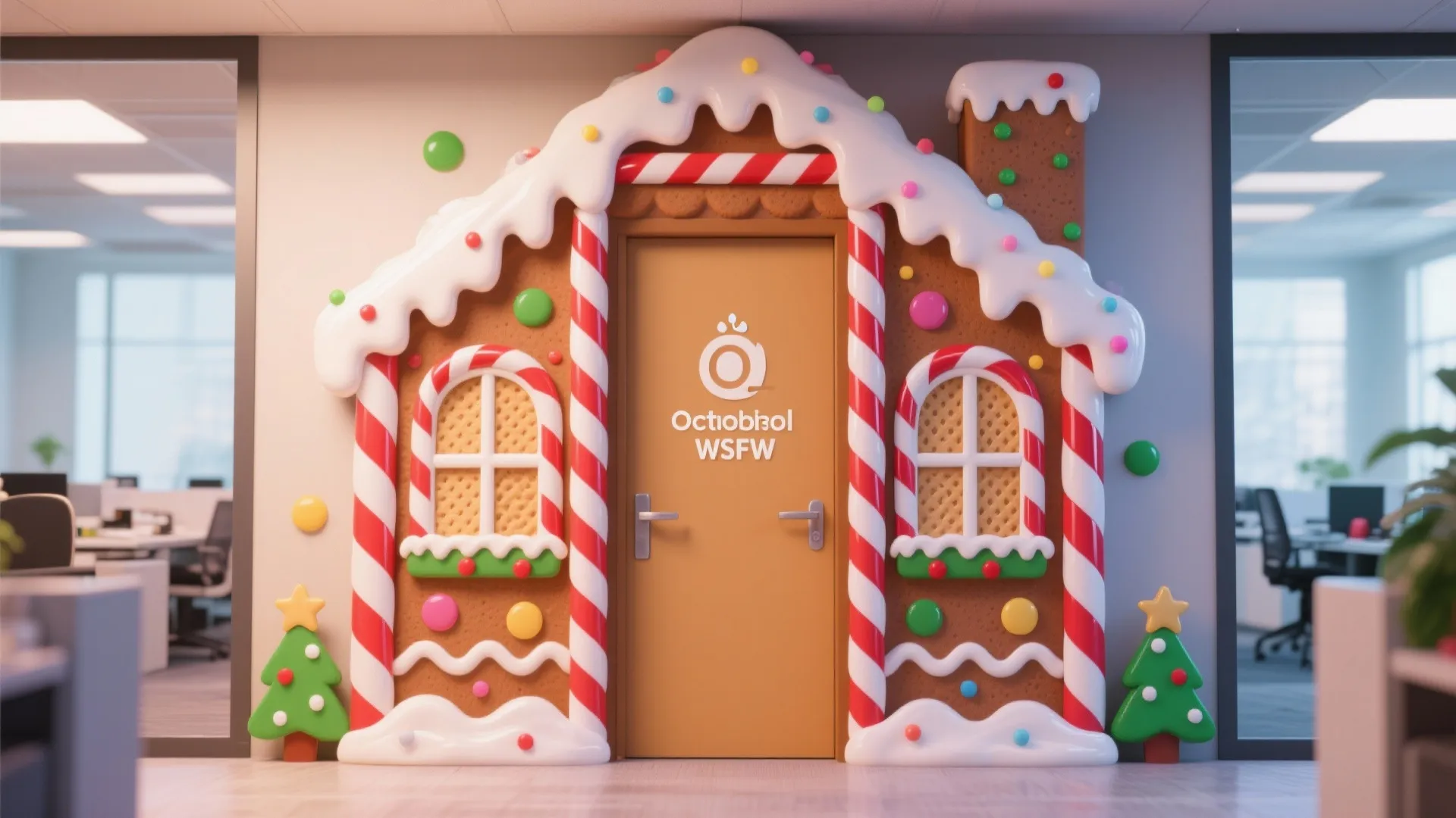 Office door decorated as a gingerbread house with candy canes and frosting in modern workspace