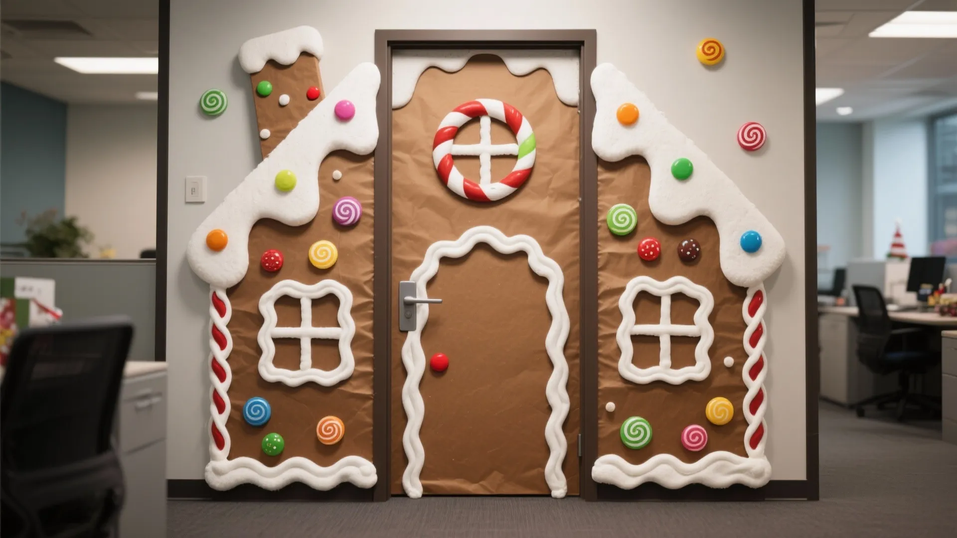 Office door decorated as a gingerbread house with brown paper white icing and colorful candy