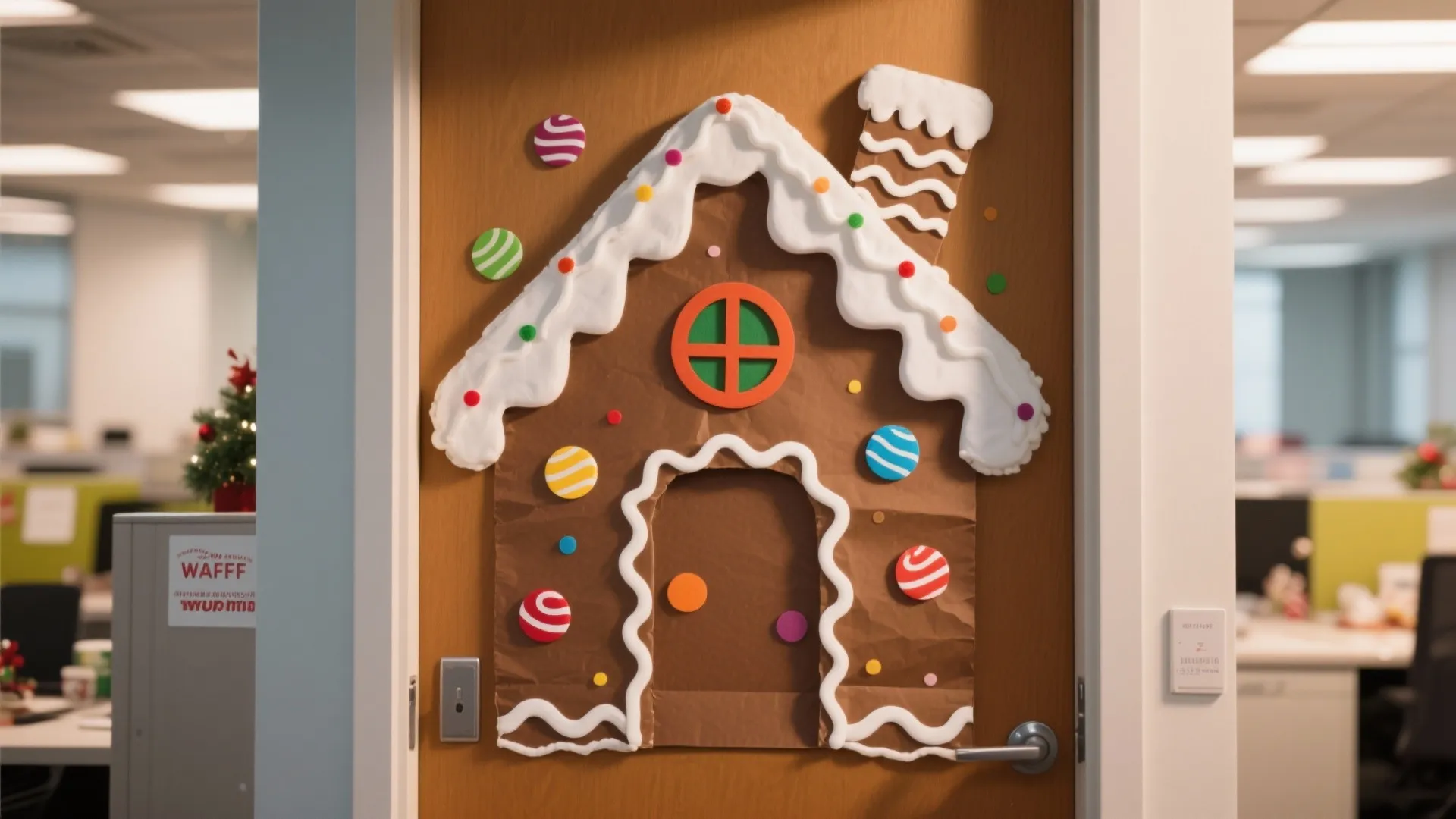 Wooden office door decorated with a paper gingerbread house cutout and colorful round candy shapes