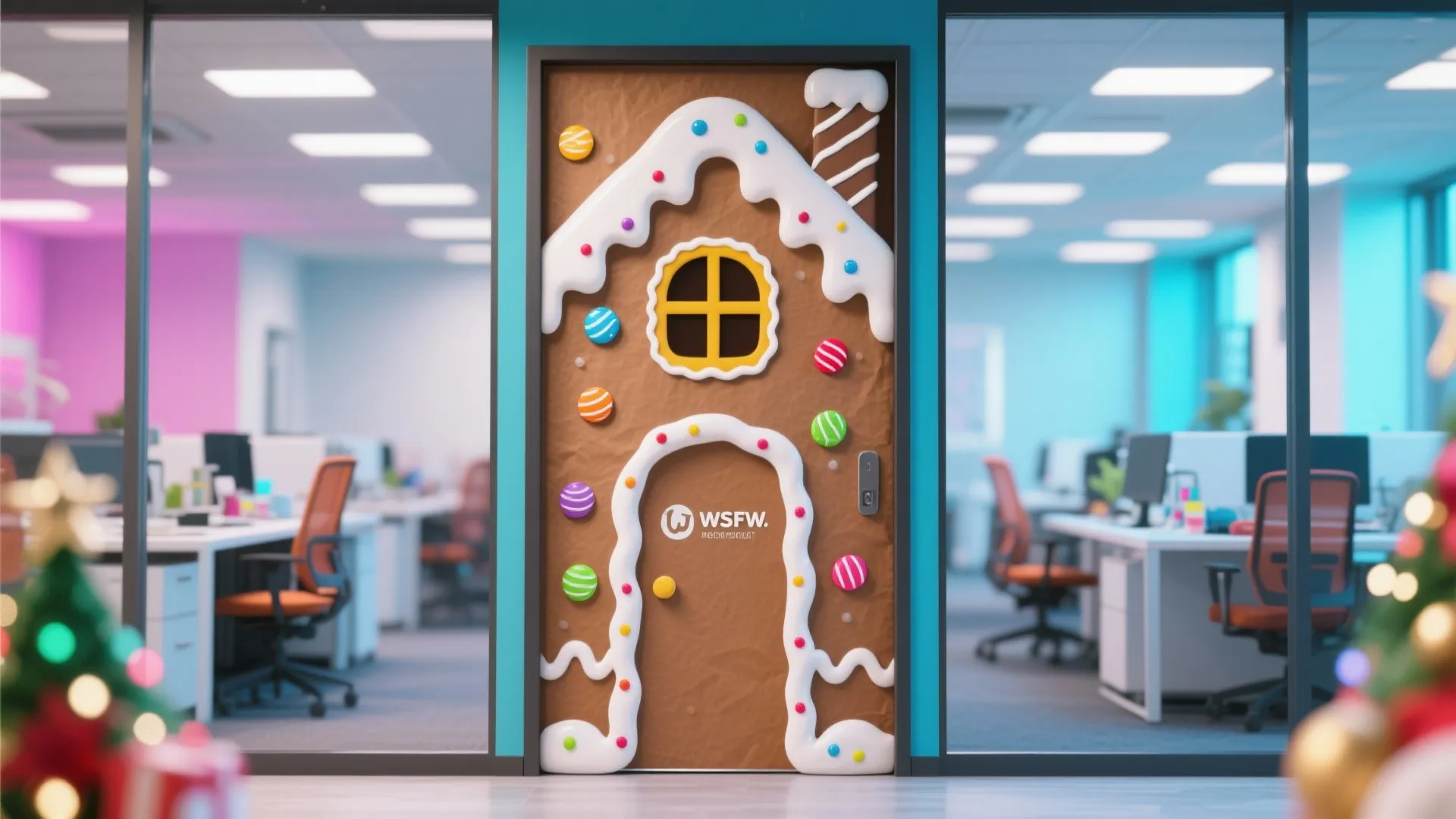 Office door decorated as a brown gingerbread house with white icing and colorful round candy