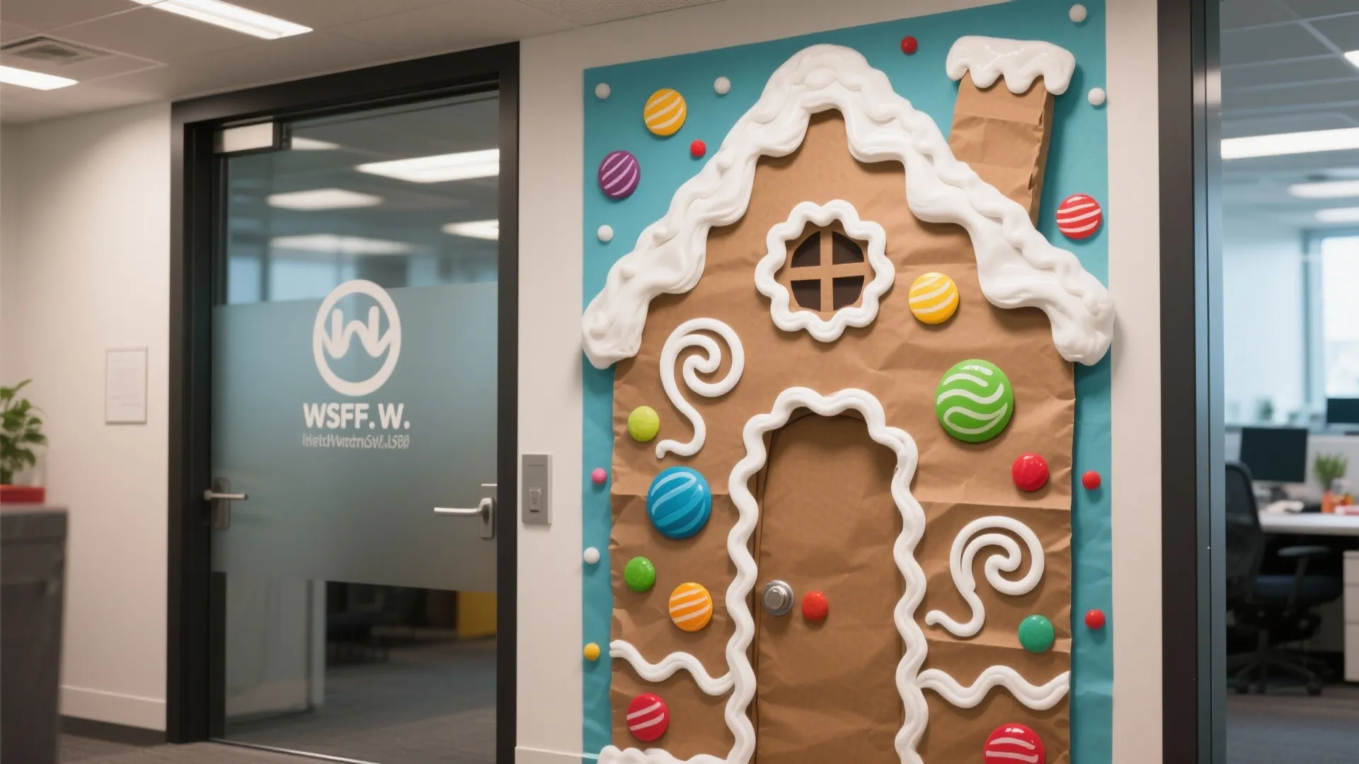 Office door decorated as a gingerbread house with brown paper white frosting and colorful candies