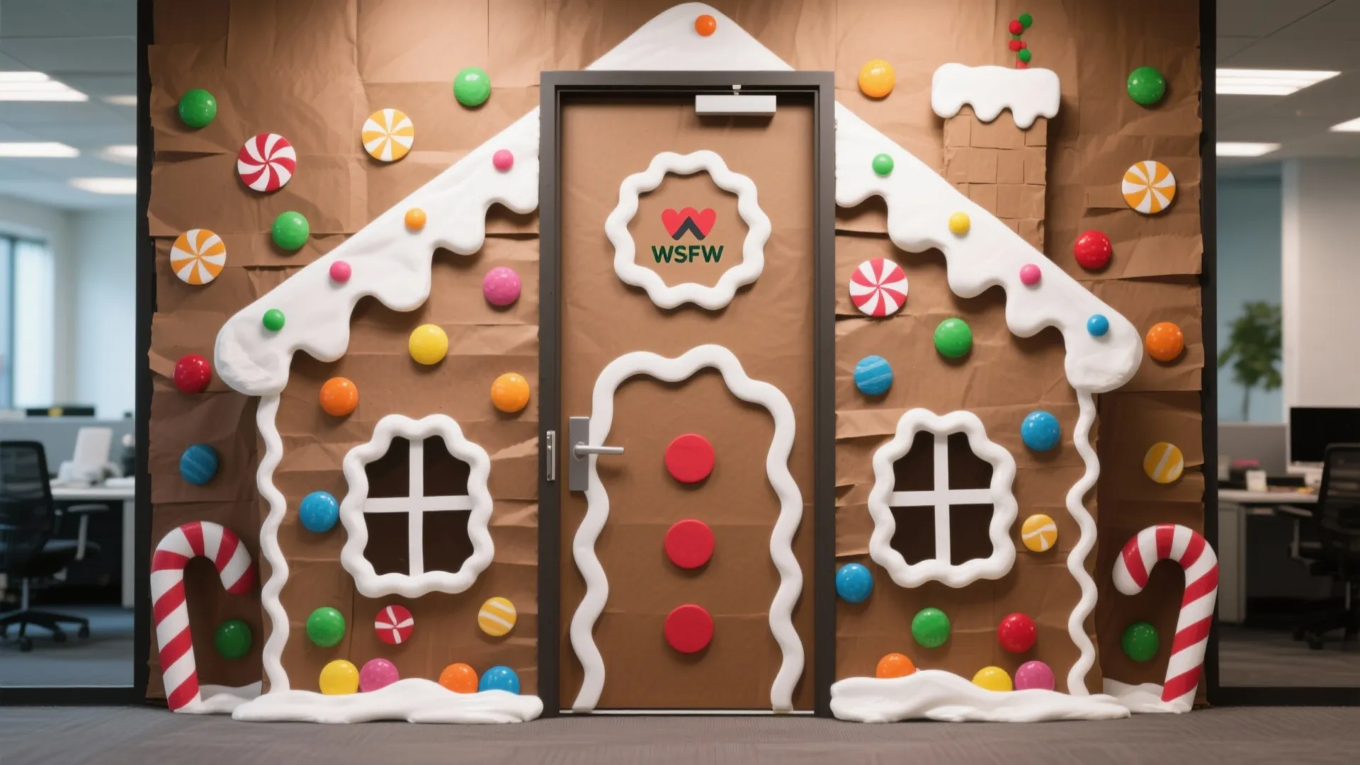 Office door decorated as gingerbread house with brown paper white frosting and colorful candy ornaments