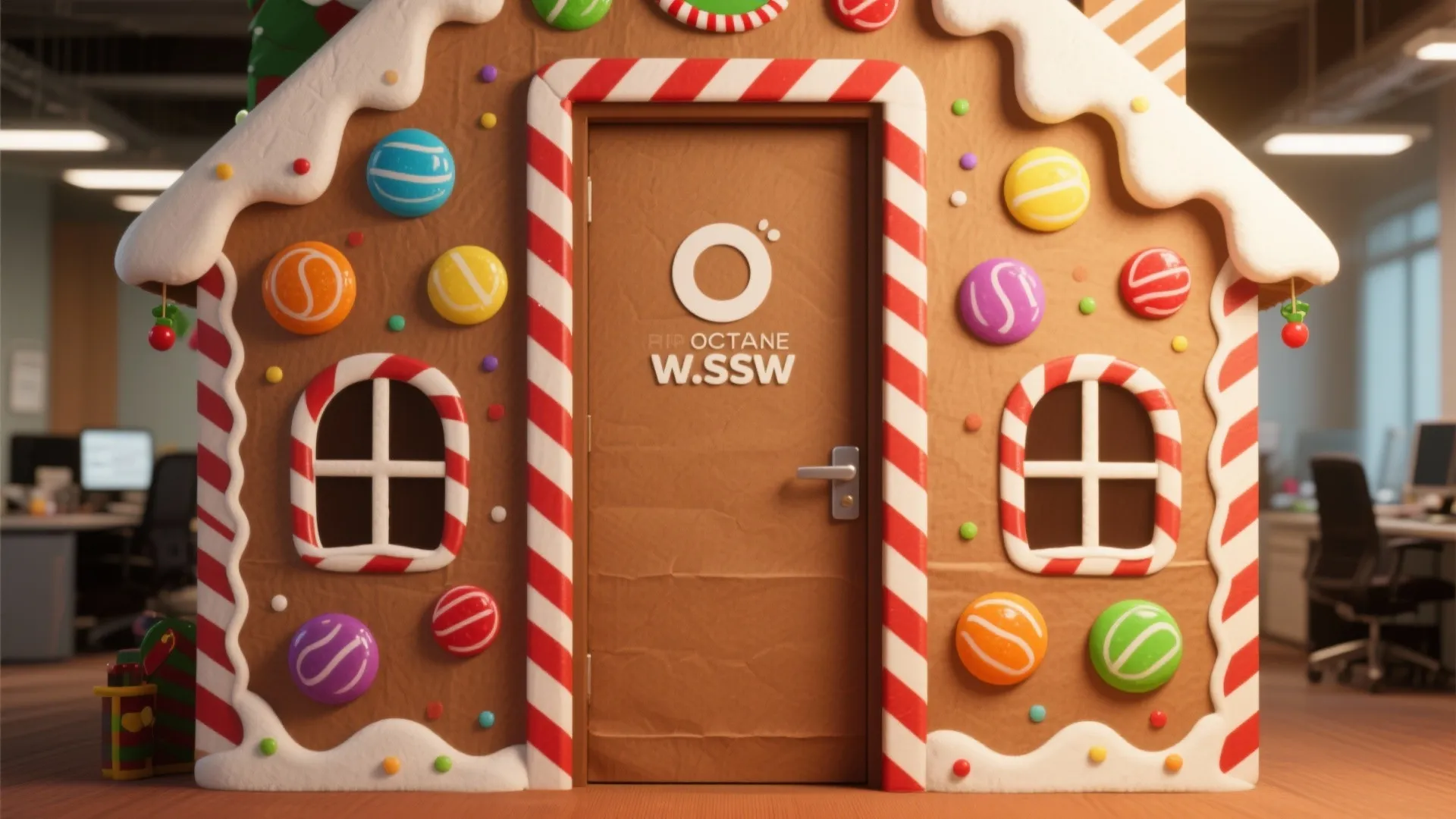Office door decorated as a gingerbread house with colorful candy ornaments, white frosting, and stripes