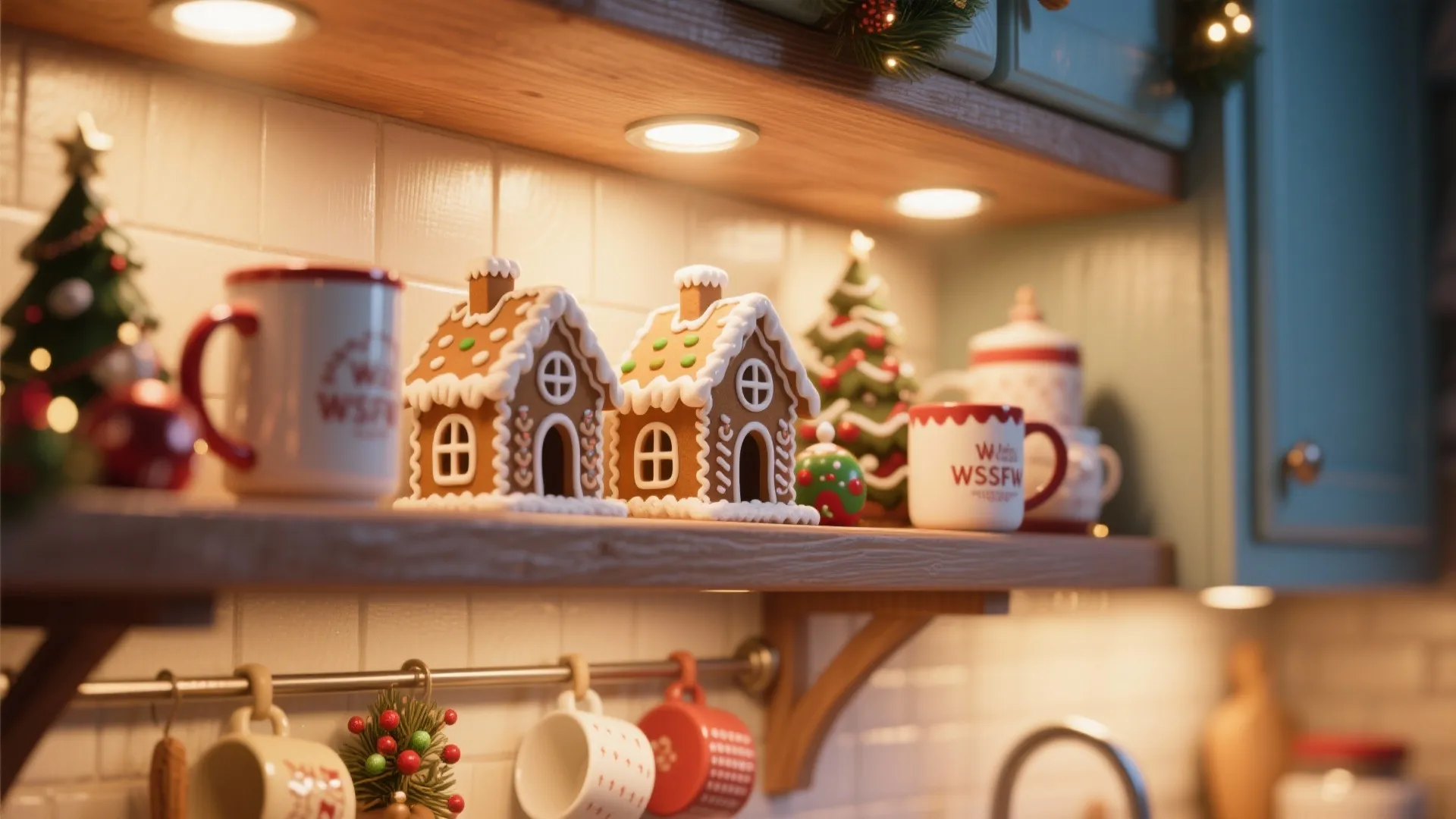 Kitchen shelves with gingerbread houses and festive mugs