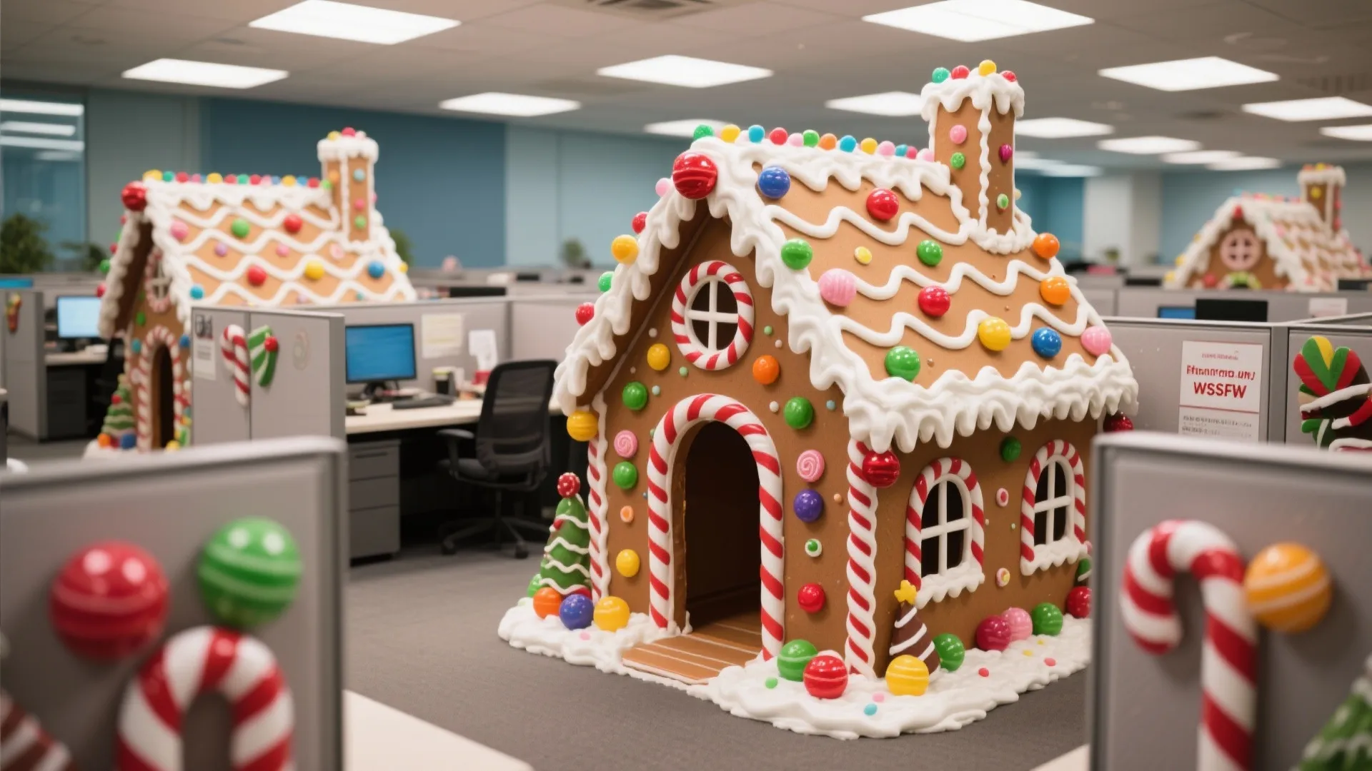 Modern office cubicles featuring large gingerbread house models decorated with colorful candy and white frosting