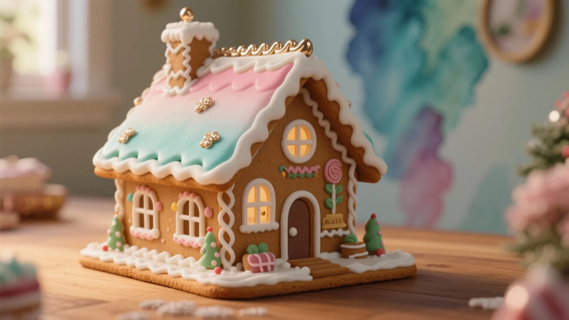 Gingerbread house with pink and blue roof sitting on a wooden table with blurry background