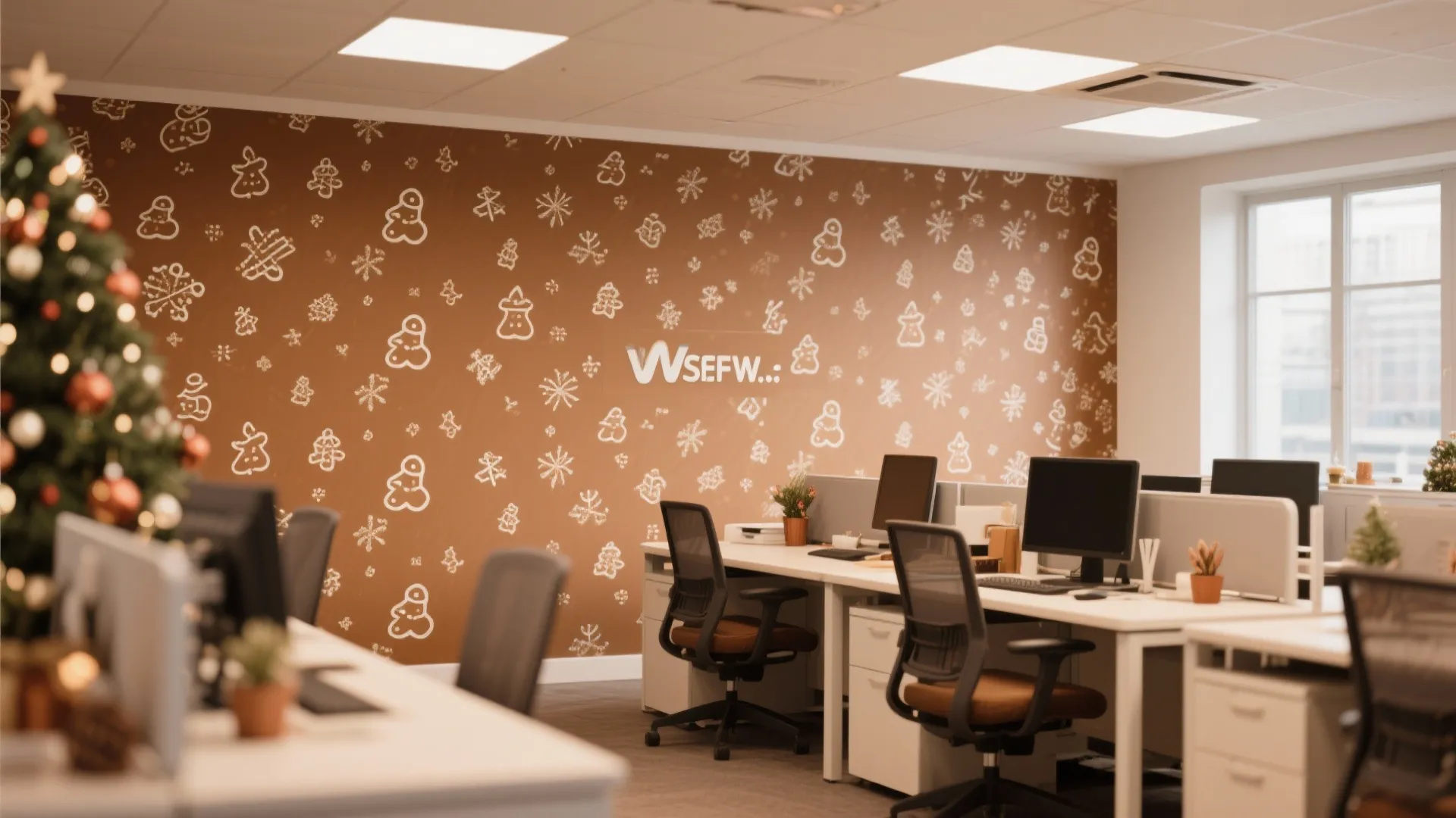 Modern office interior with brown gingerbread pattern wall panel plus white desks and Christmas tree