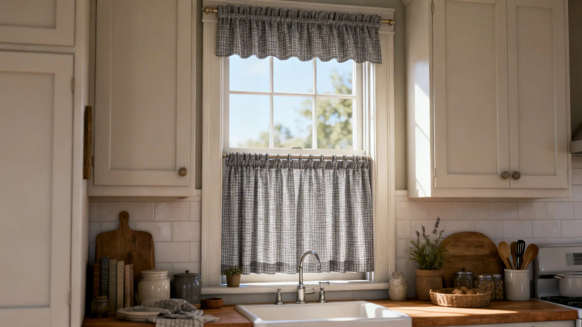 Kitchen sink area with white cabinets wooden countertop and grey checkered cafe curtains on window