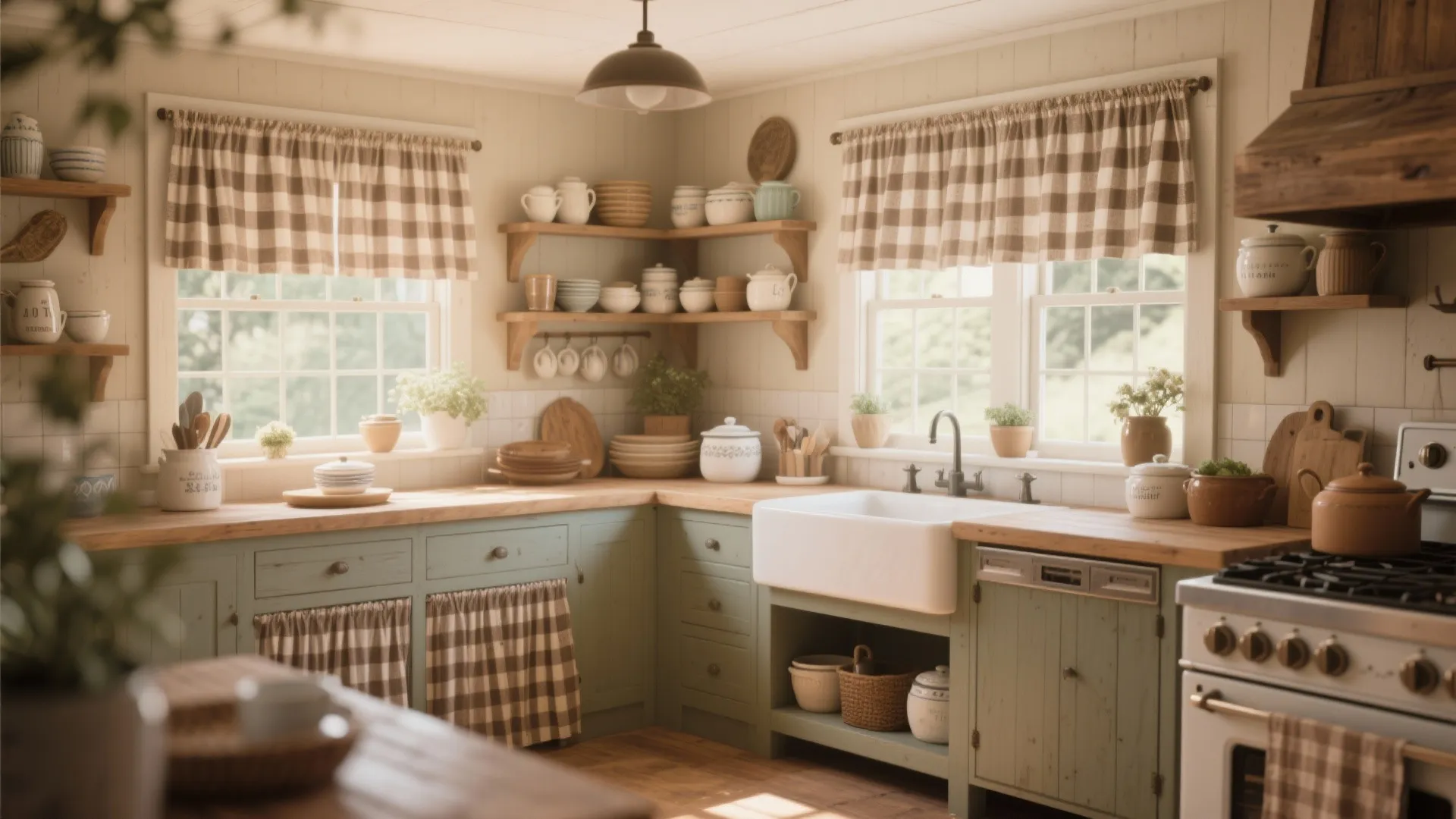 Gingham café curtains in a farmhouse style kitchen