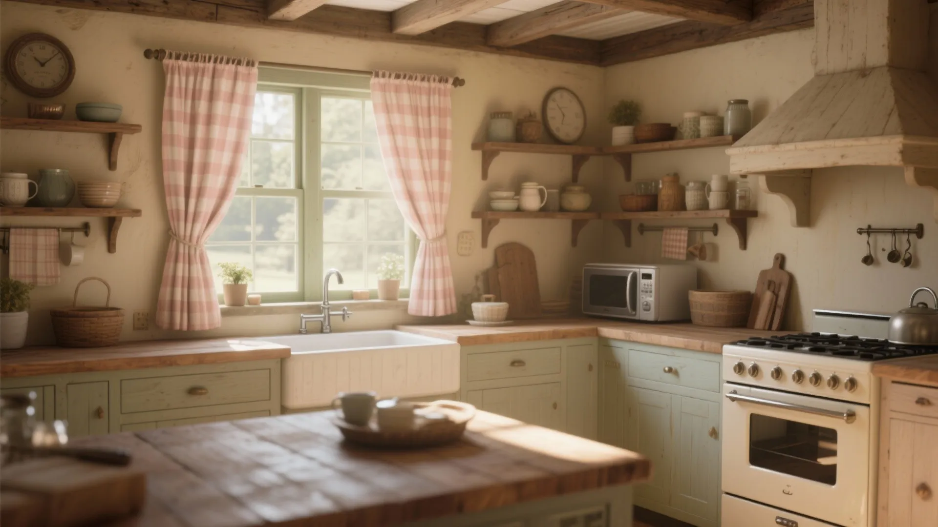 Rustic kitchen with pink checkered curtains green cabinets wood countertops and open shelving with jars