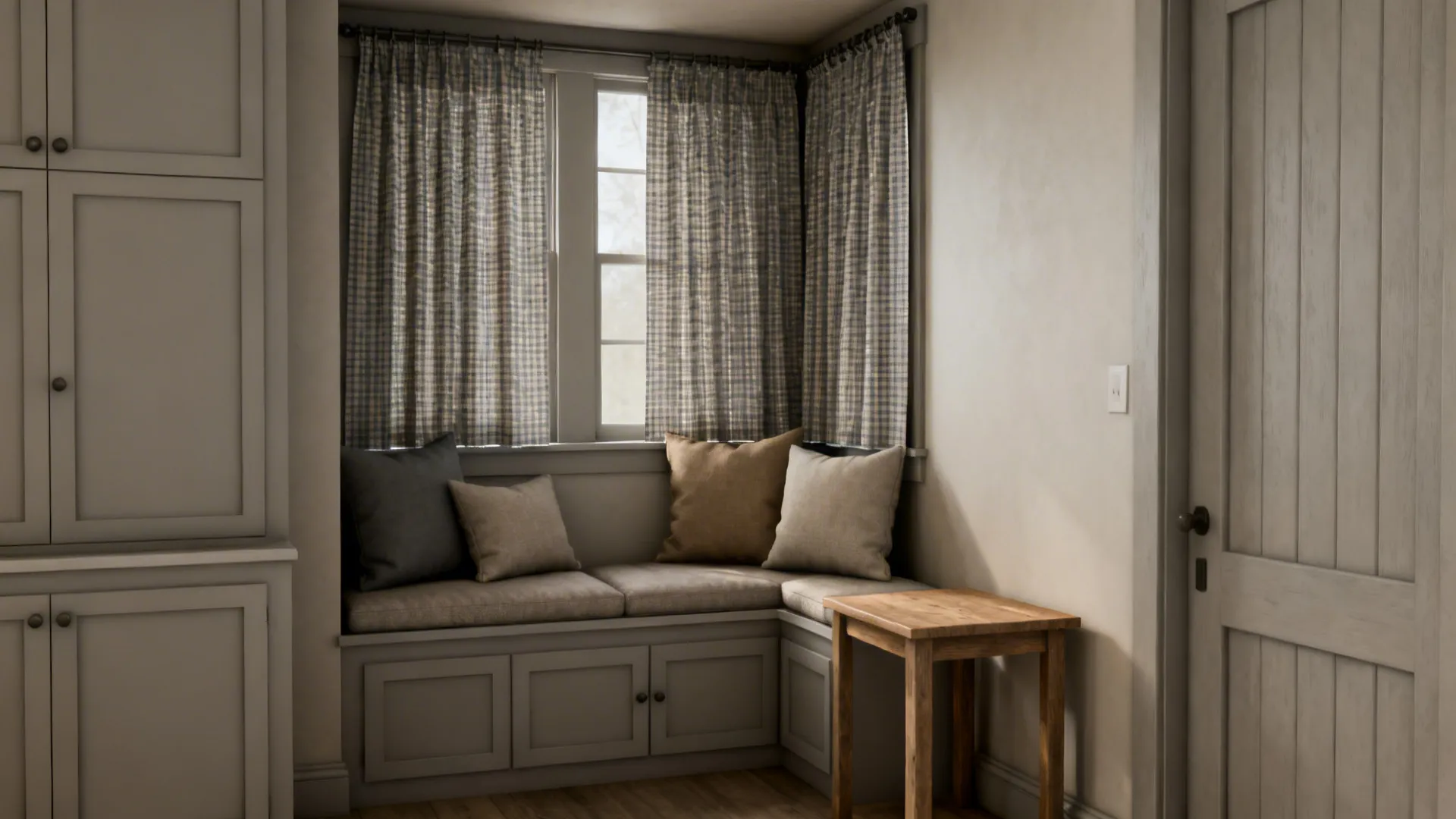 Small-scale gingham curtains in a farmhouse seating nook paired with neutral furnishings.