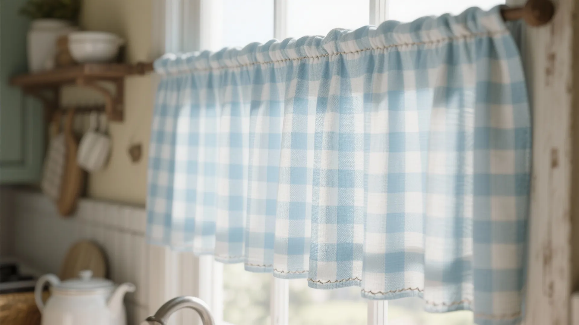 Close up of light blue and white checked window curtain hanging in a bright kitchen