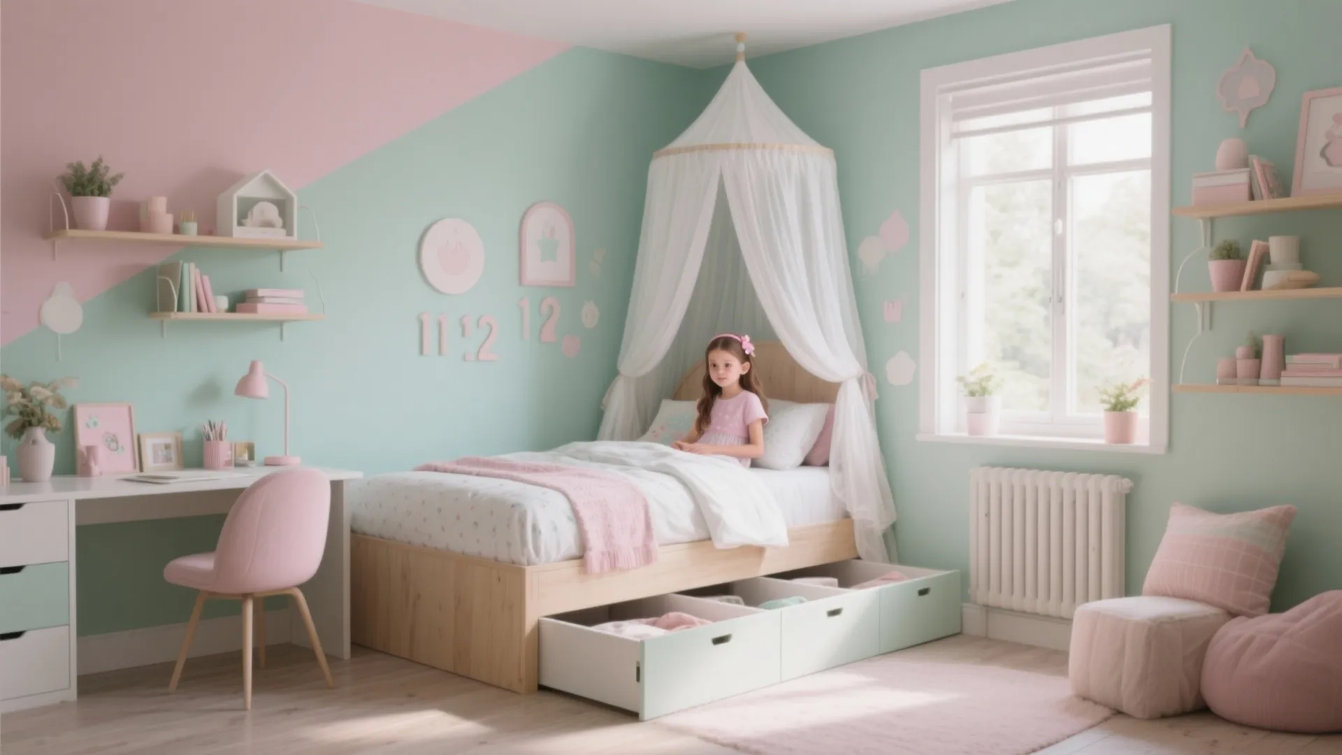 Girl bedroom with pink and green walls wooden bed desk pink chair and natural window light