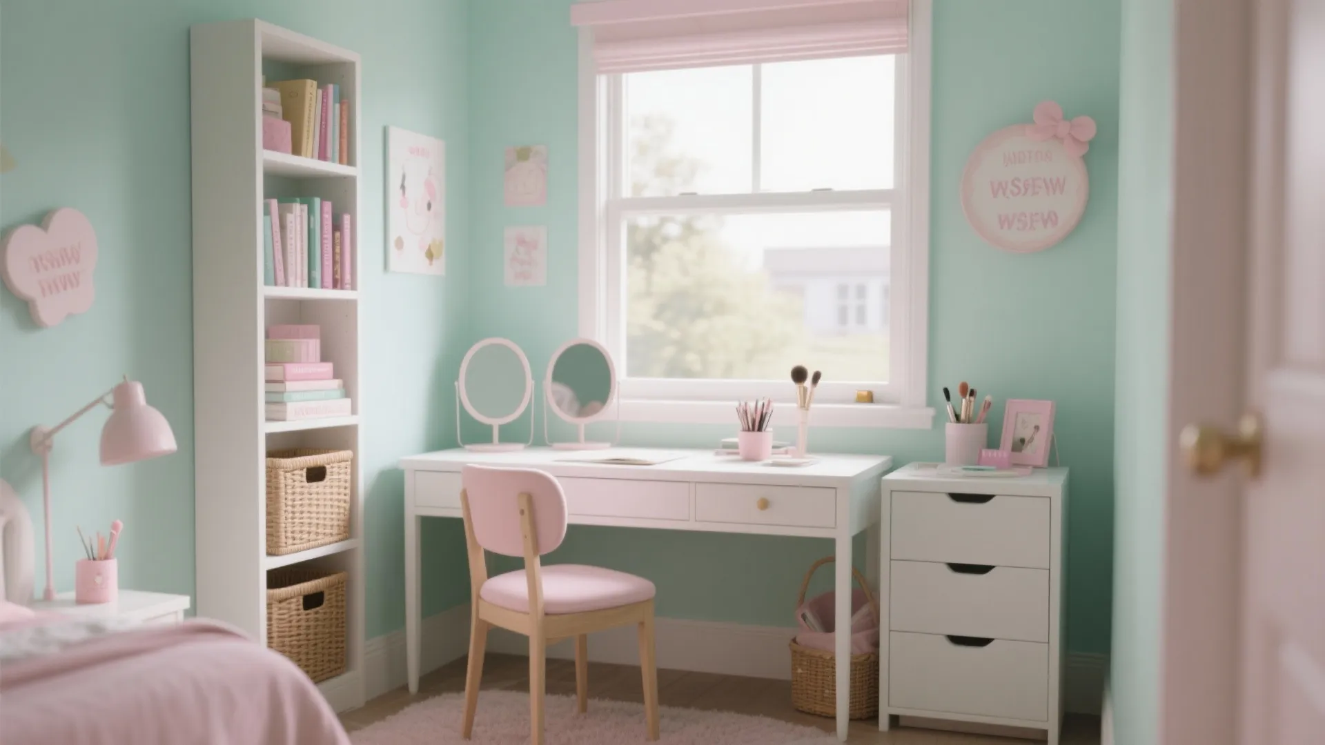 Mint green study room with white desk pink chair bookshelf and natural light from large window