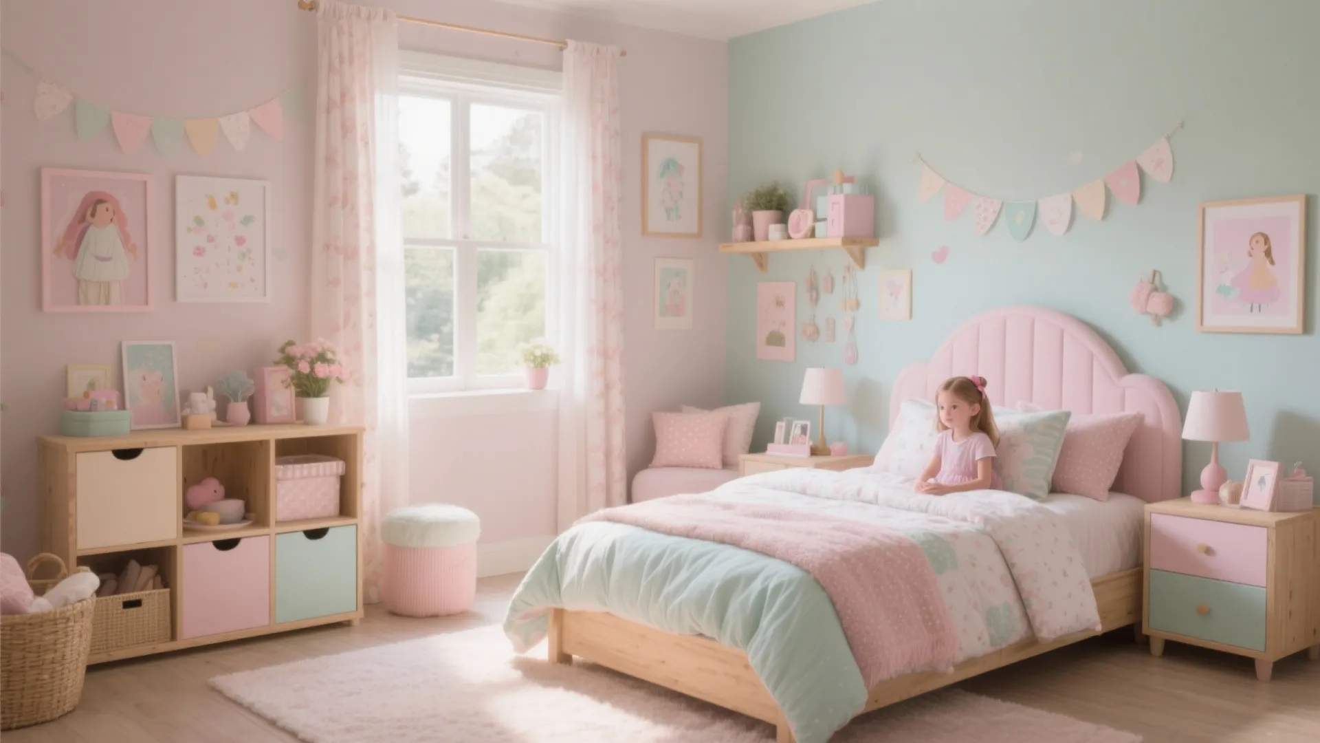 Pink and mint green girls bedroom featuring wooden furniture pastel decorations a rug and natural light