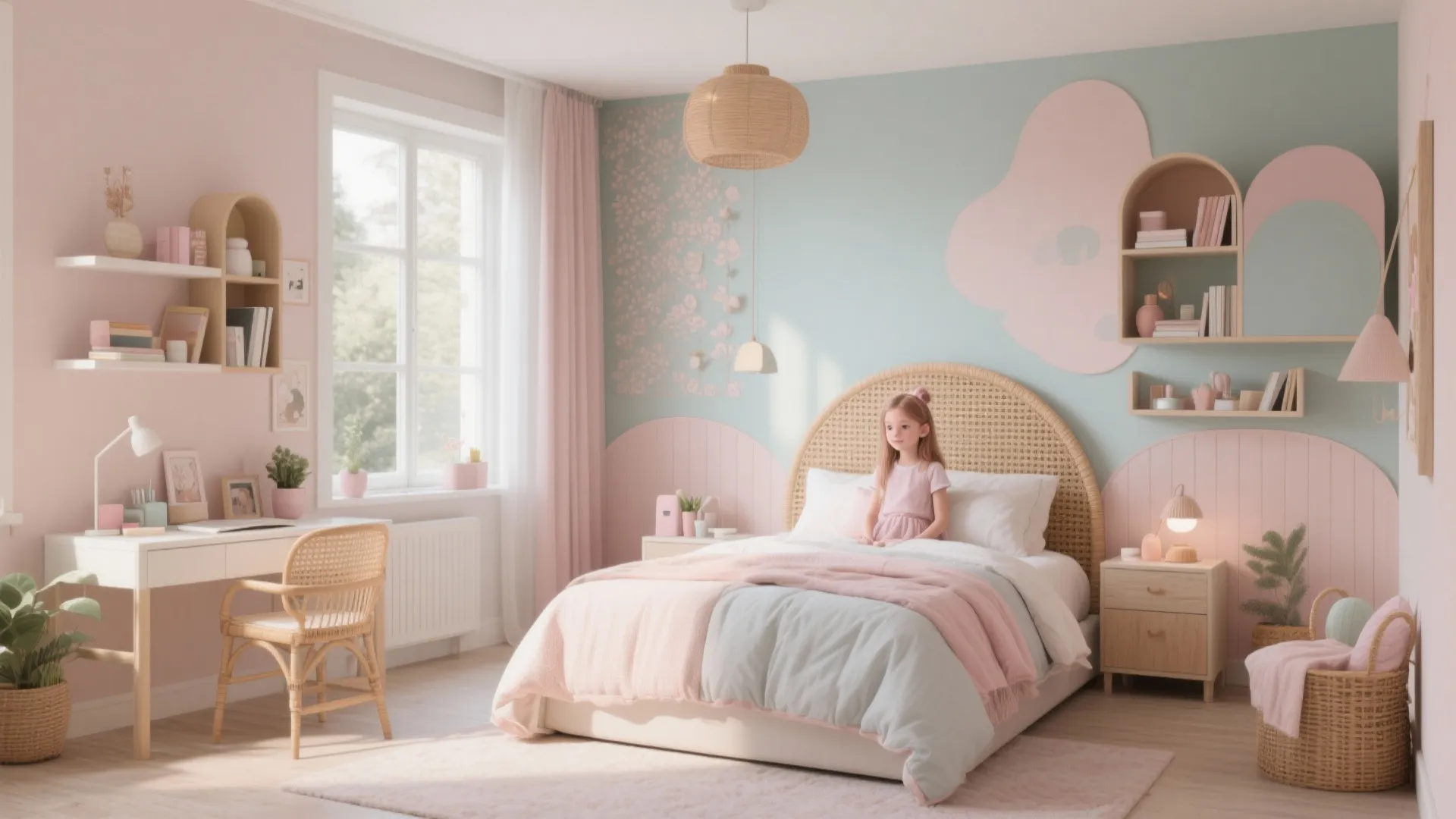 Cozy girls bedroom with pink walls a rattan bed white desk and soft natural light