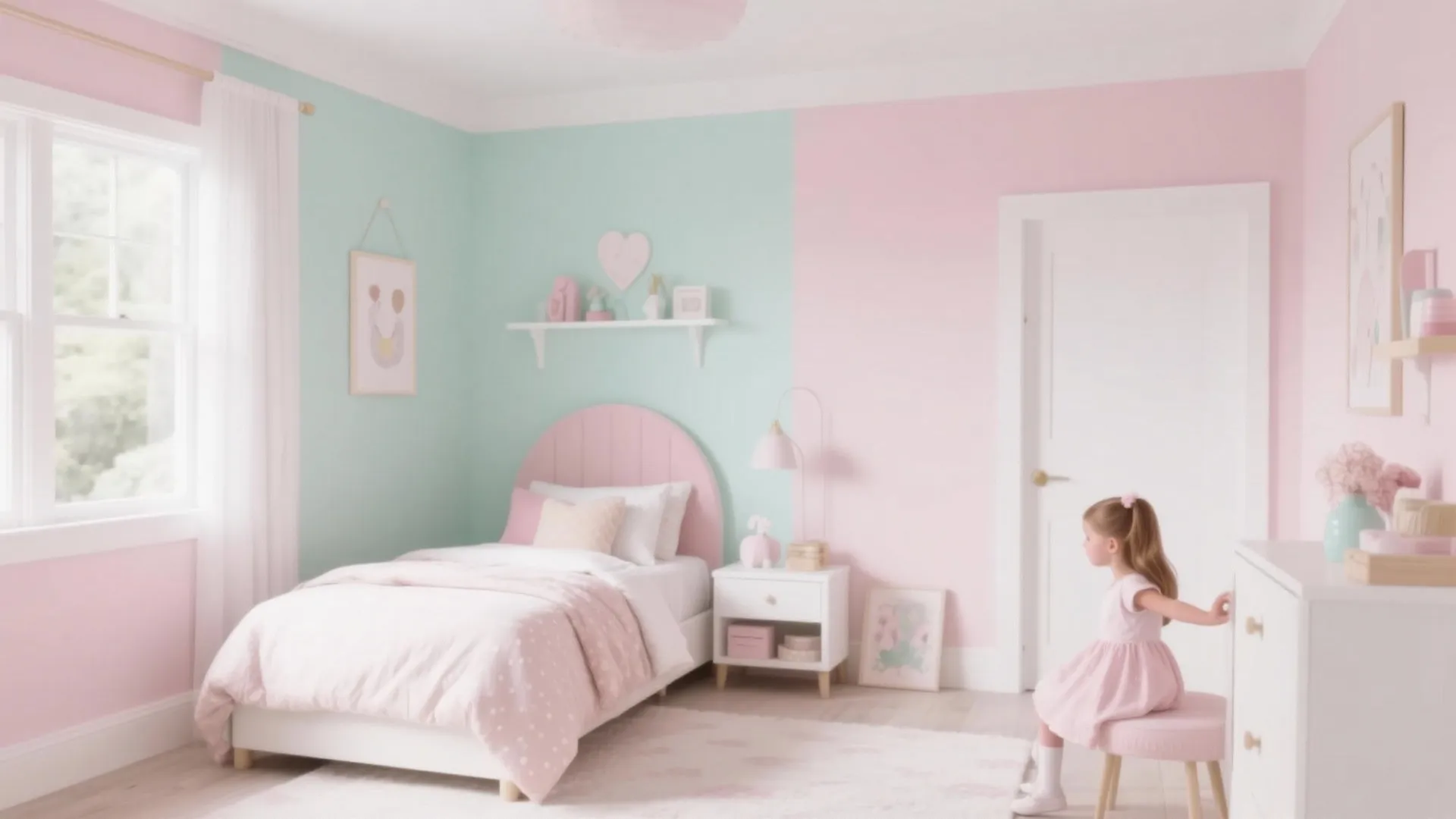 Pastel pink and green girl bedroom with white bed white nightstand white door and window