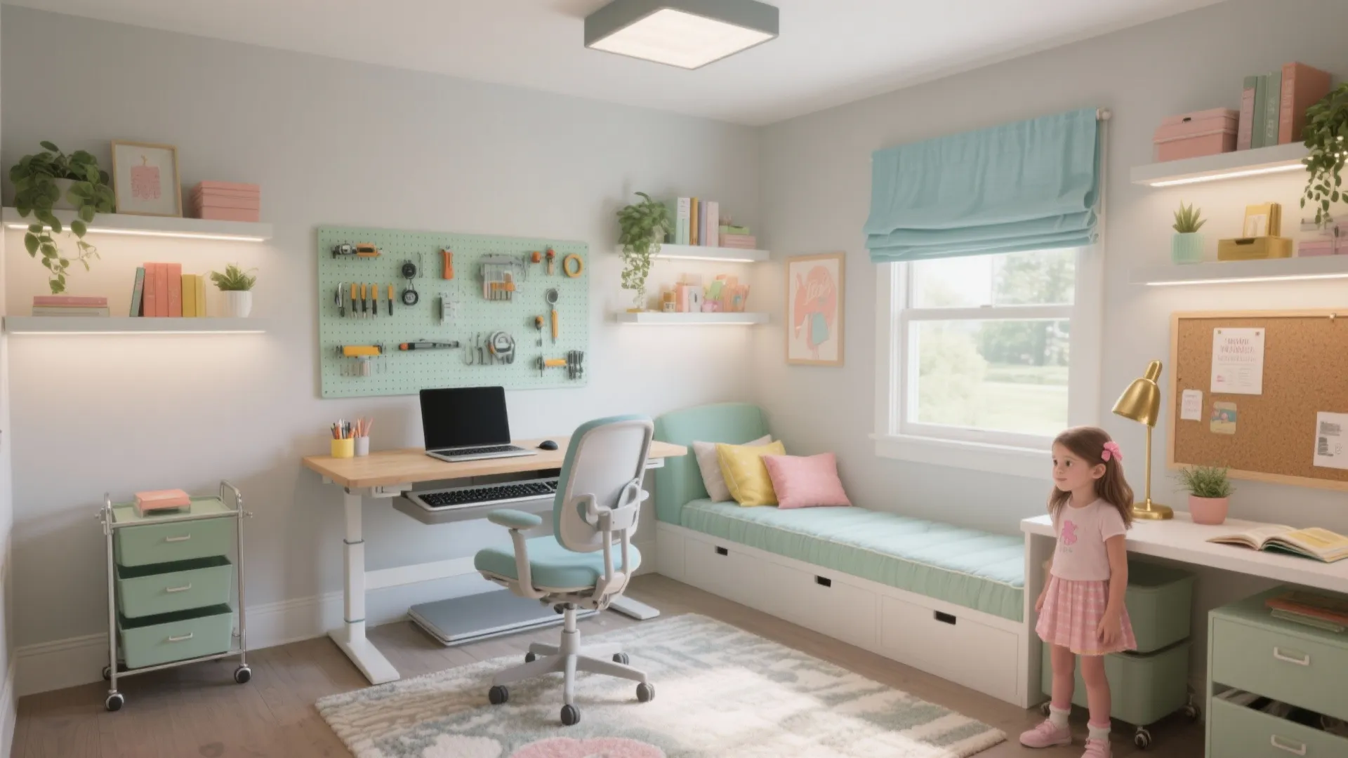 Modern girls study room with desk green chair window bench storage shelves and light grey walls