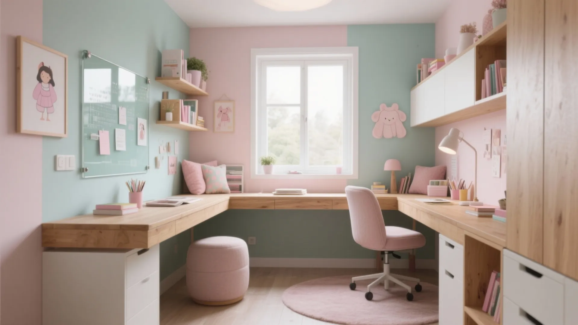 Pink and green girls study room with wooden desk pink chair footrest window and shelf