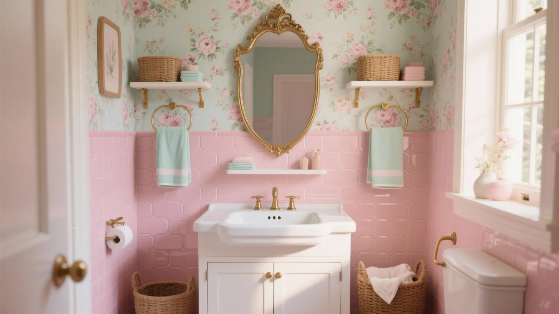 Pink bathroom with floral wallpaper white sink gold mirror blue towels and woven storage baskets