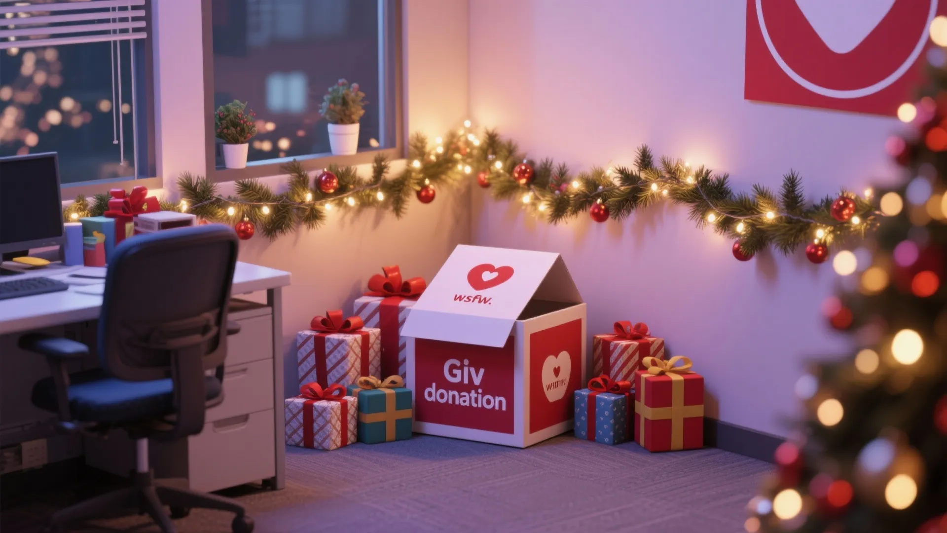Office donation box with colorful wrapped gifts and festive Christmas garland with warm glowing lights