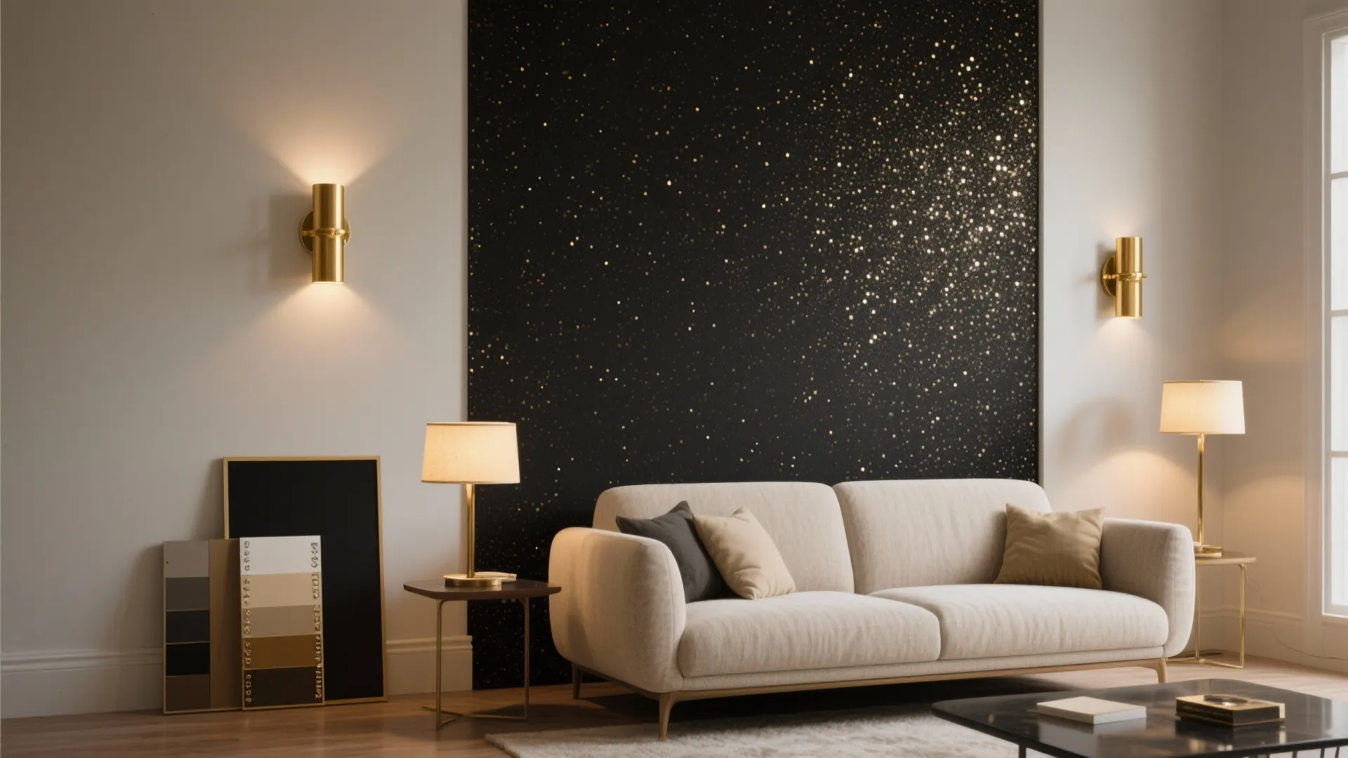 Modern living room featuring beige sofa, black sparkly wall panel, gold wall lights, and lamps