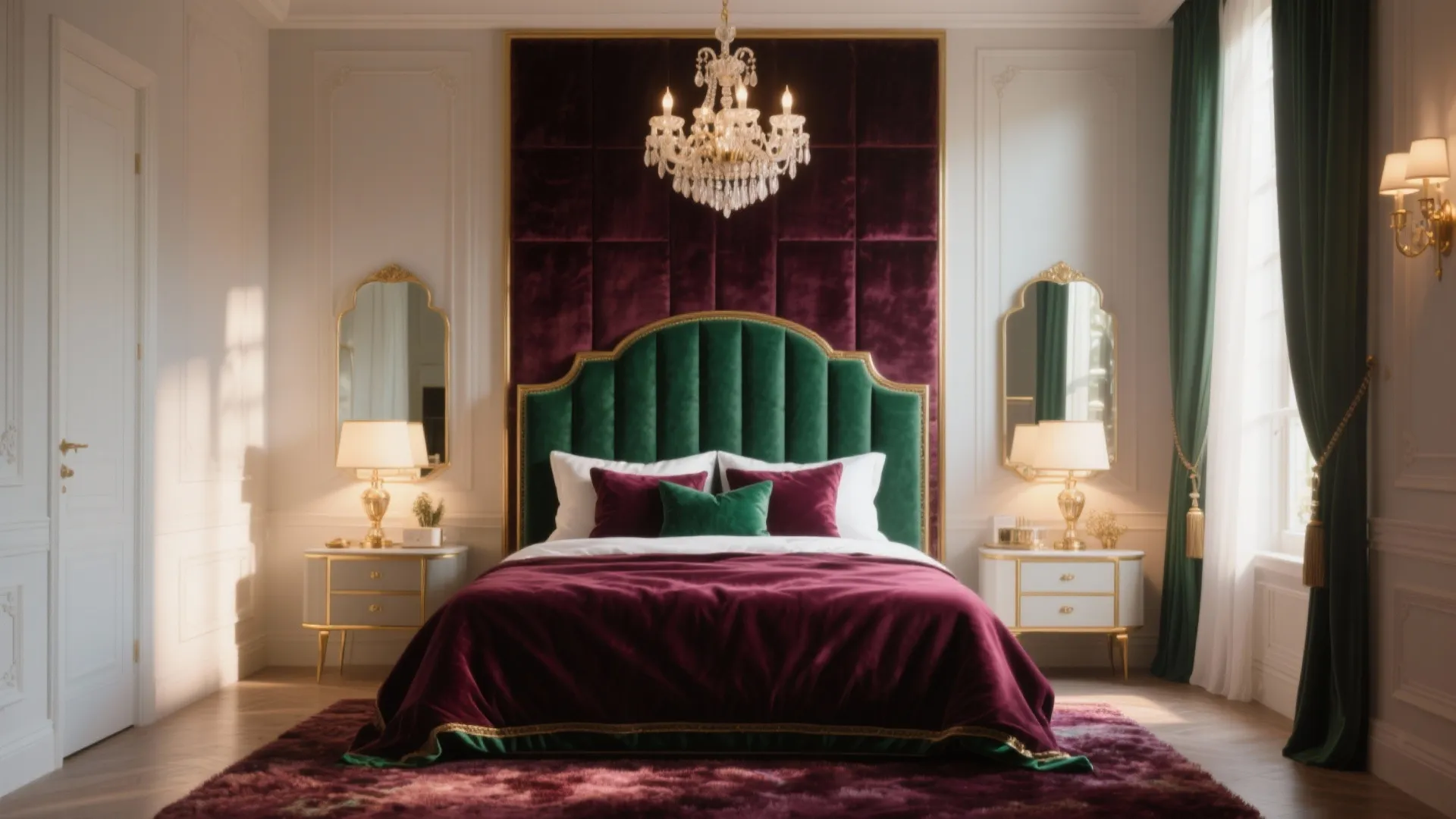 Luxury bedroom featuring purple velvet bedspread green headboard crystal ceiling light and gold bedside table lamps