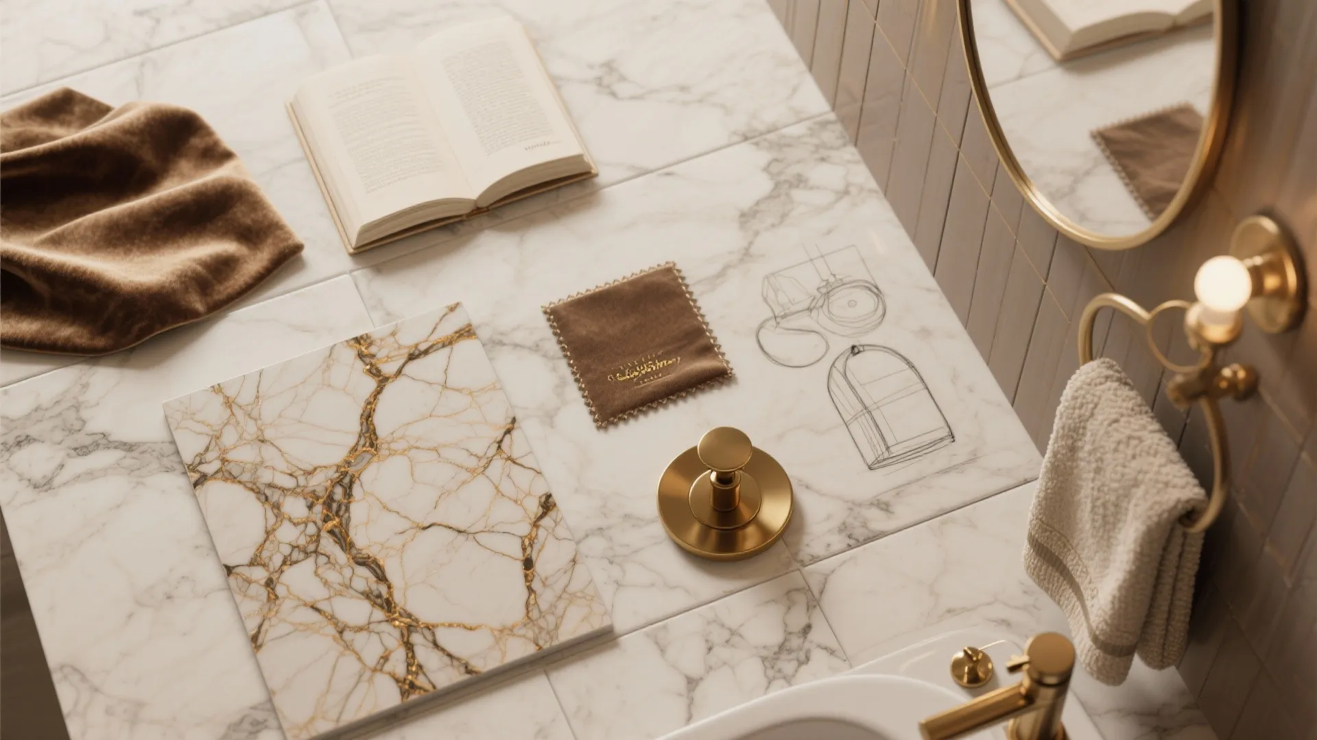 Top-down moodboard with marble-look tile, brass hardware, velvet swatch and mirror fragment for glam bathroom planning.