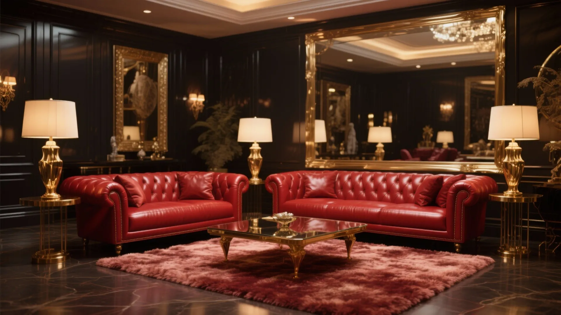 Red leather sofa styled with gold accents in luxe space