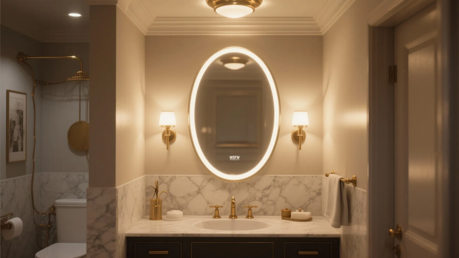3. Glam mirrors and layered lighting