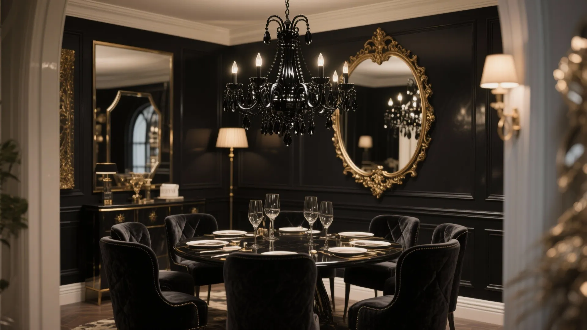 4. Glam Noir: Black Chandelier with Velvet and Mirrors