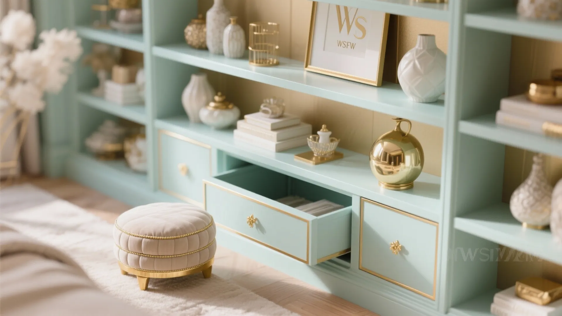 Mint green shelf unit with gold accents white vases open drawer and small beige round footrest