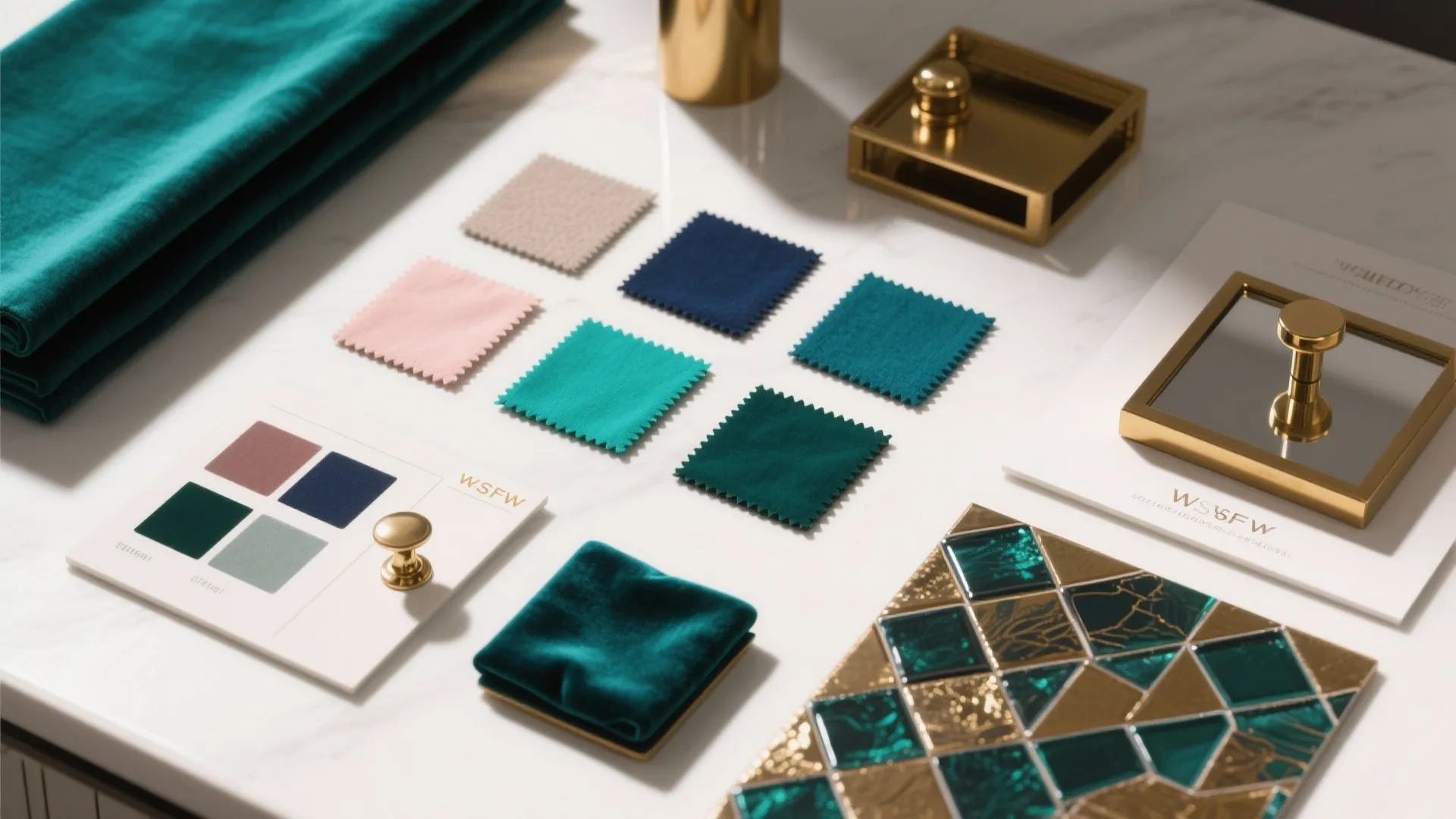 Interior design mood board with colorful fabric samples, gold hardware, and green mosaic floor tiles