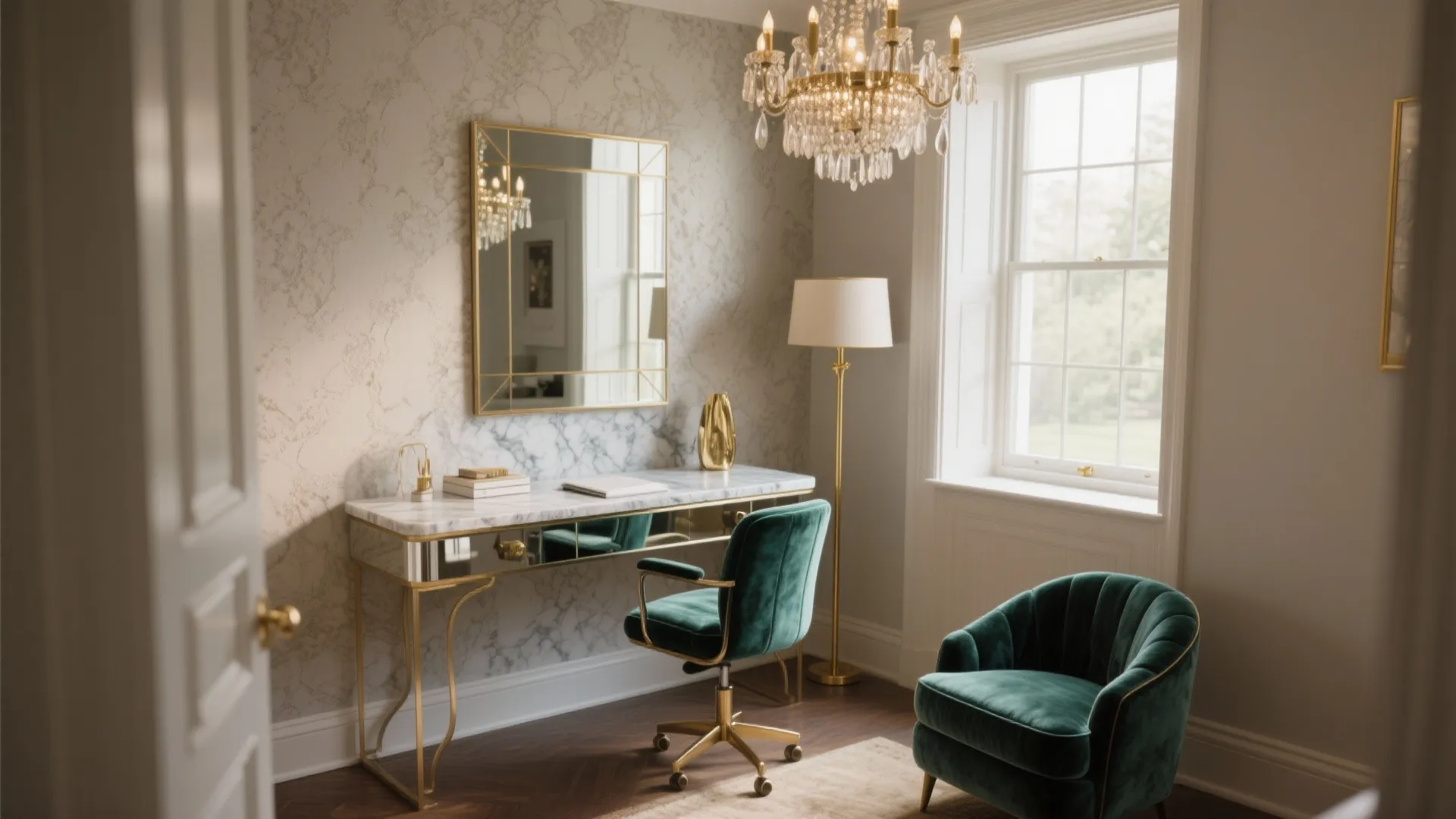 Elegant home office with marble desk green velvet chair gold ceiling light mirror and large window