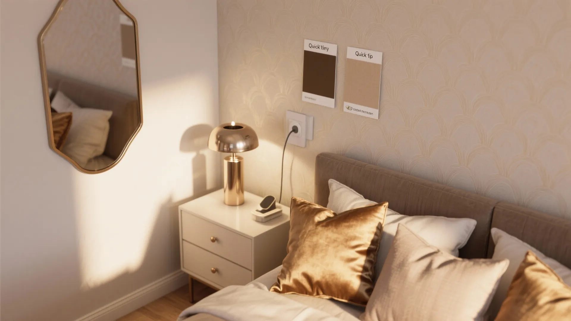 Bedroom corner with white nightstand gold table lamp wall mirror and warm beige patterned wallpaper
