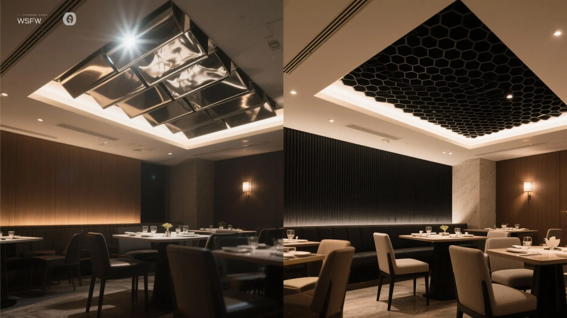 Dining area before-and-after showing glare reduction with matte baffles and louvers.